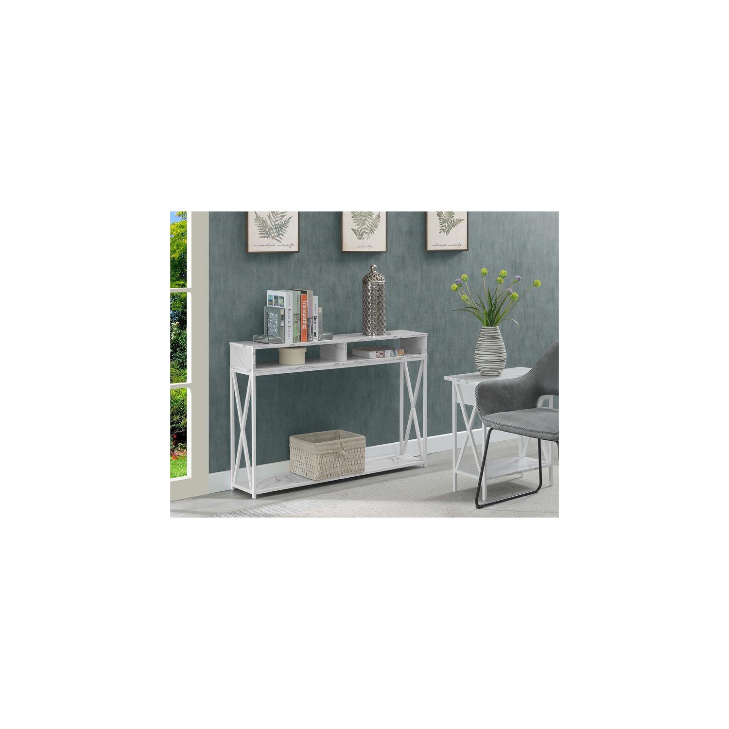 Pemberly Row Modern Deluxe Console Table with Shelf in White Wood Finish