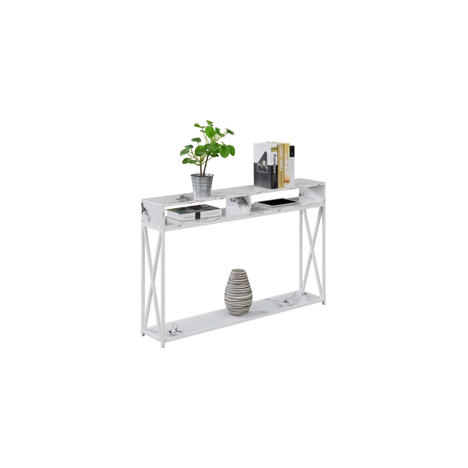 Pemberly Row Modern Deluxe Console Table with Shelf in White Wood Finish