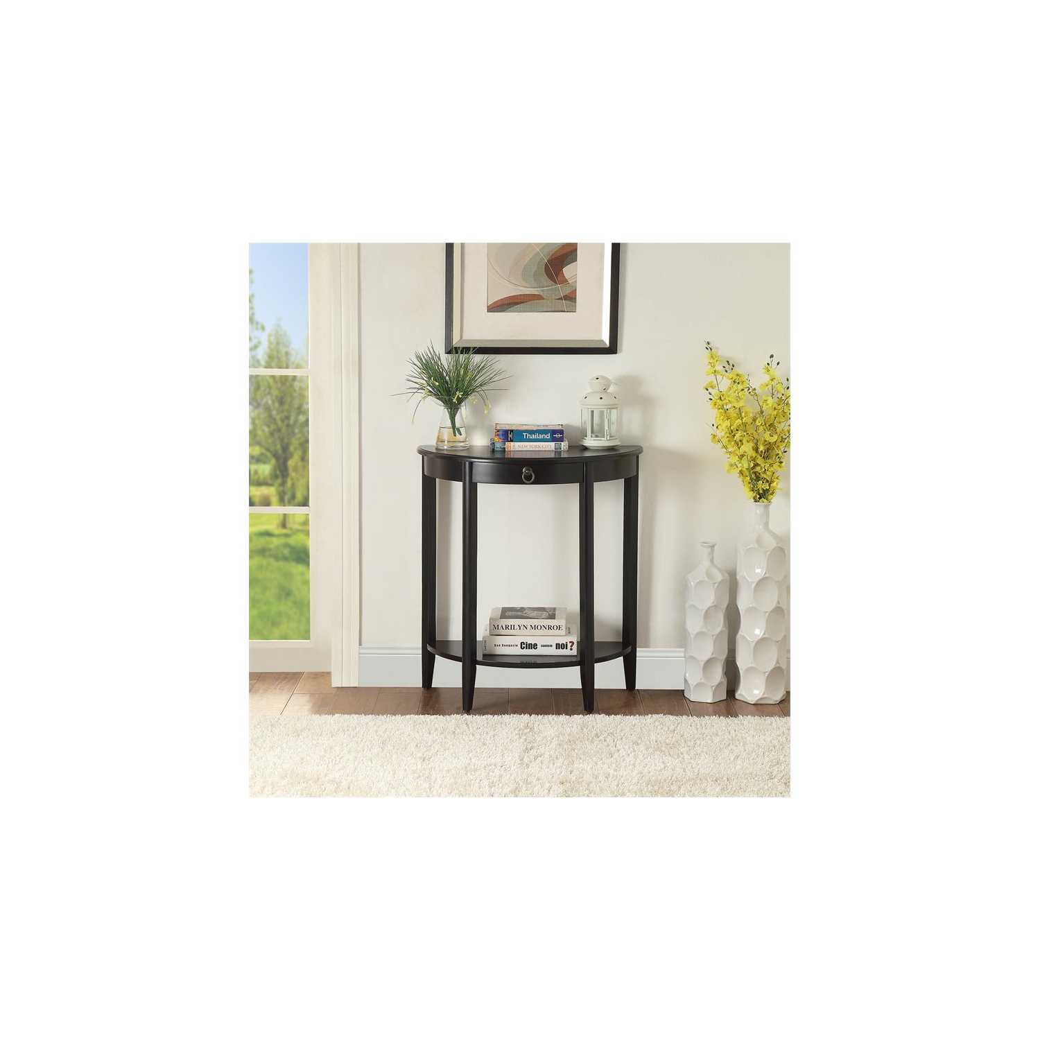 Bowery Hill Contemporary Wood Hald Moon Shaped Console Table in Black