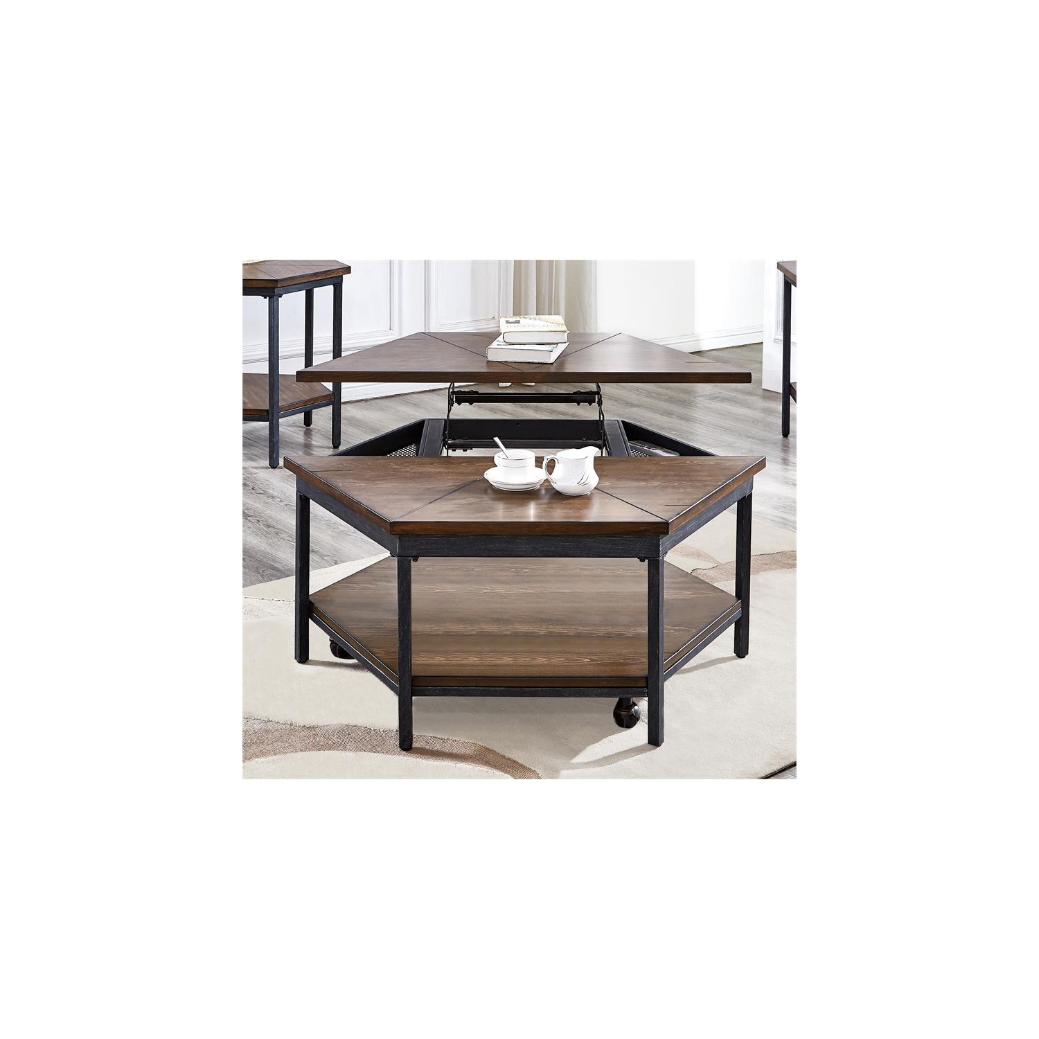 Table basse à plateau relevable en bois hexagonal au fini chocolat Steve Silver Ultimo