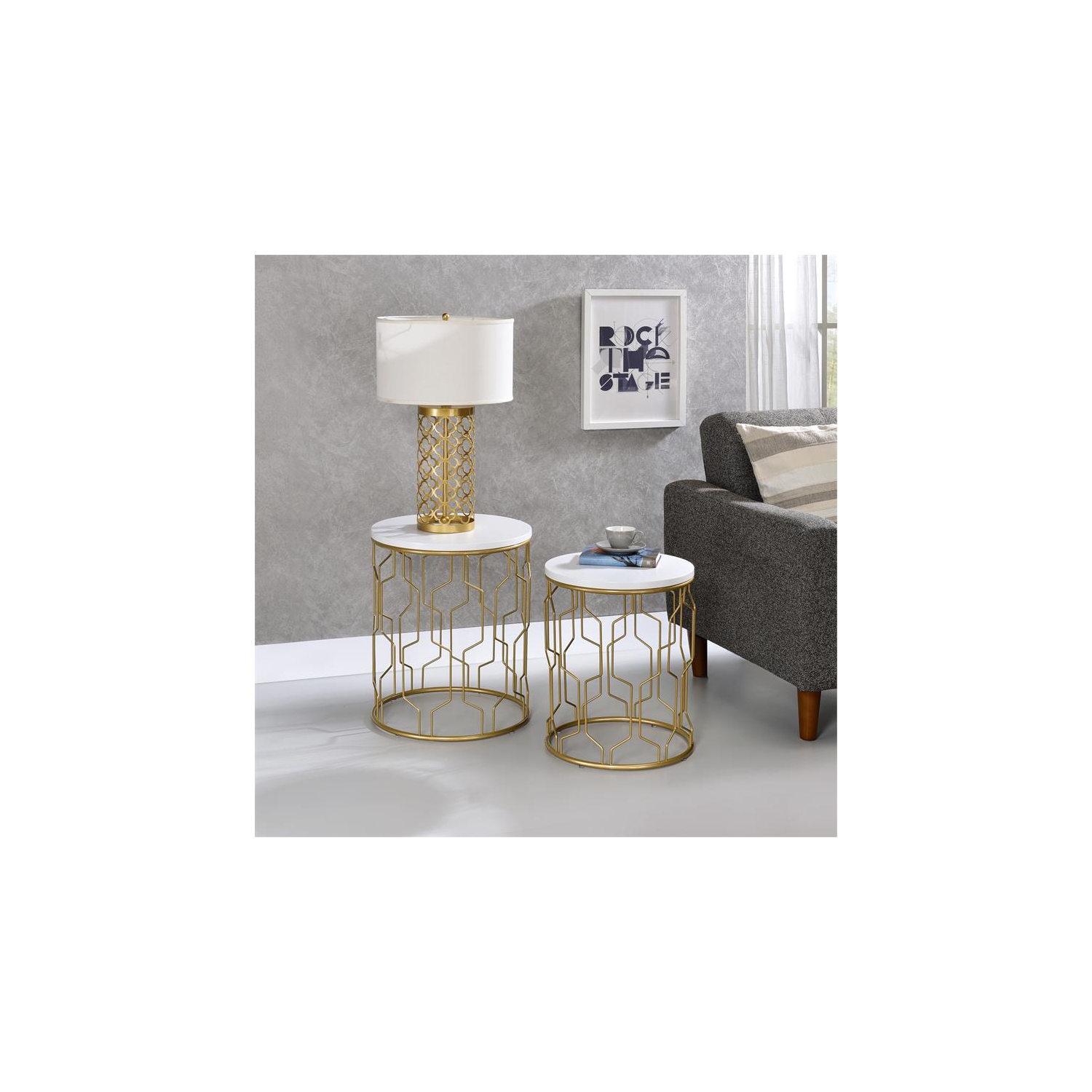 Furniture of America Vereira Metal 2-Piece Nesting Table in Gold and White