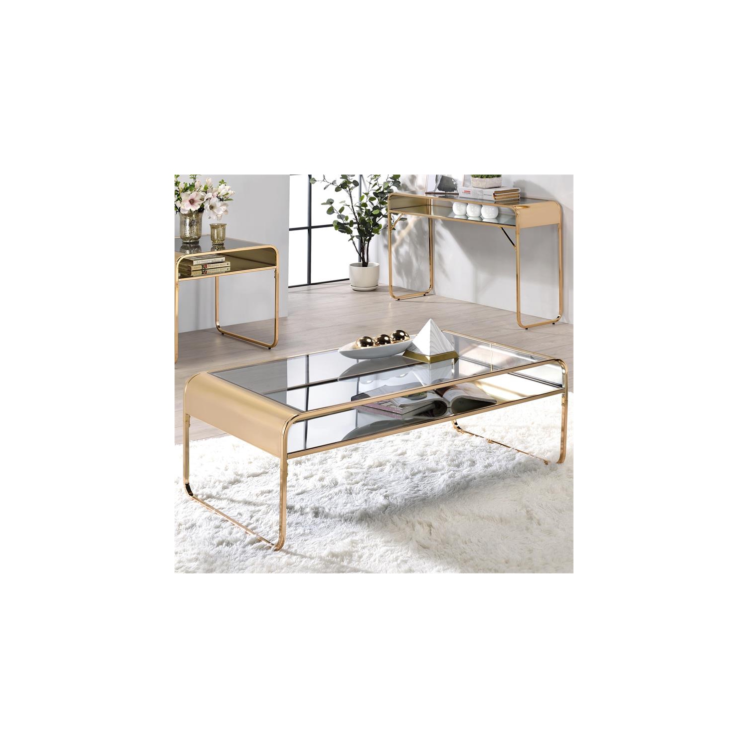 Furniture of America Mexller Contemporary Glass Top Coffee Table in Gold