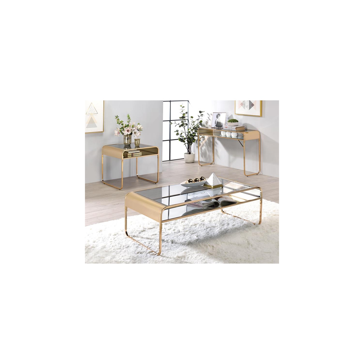 Furniture of America Mexller Contemporary Glass Top Coffee Table in Gold