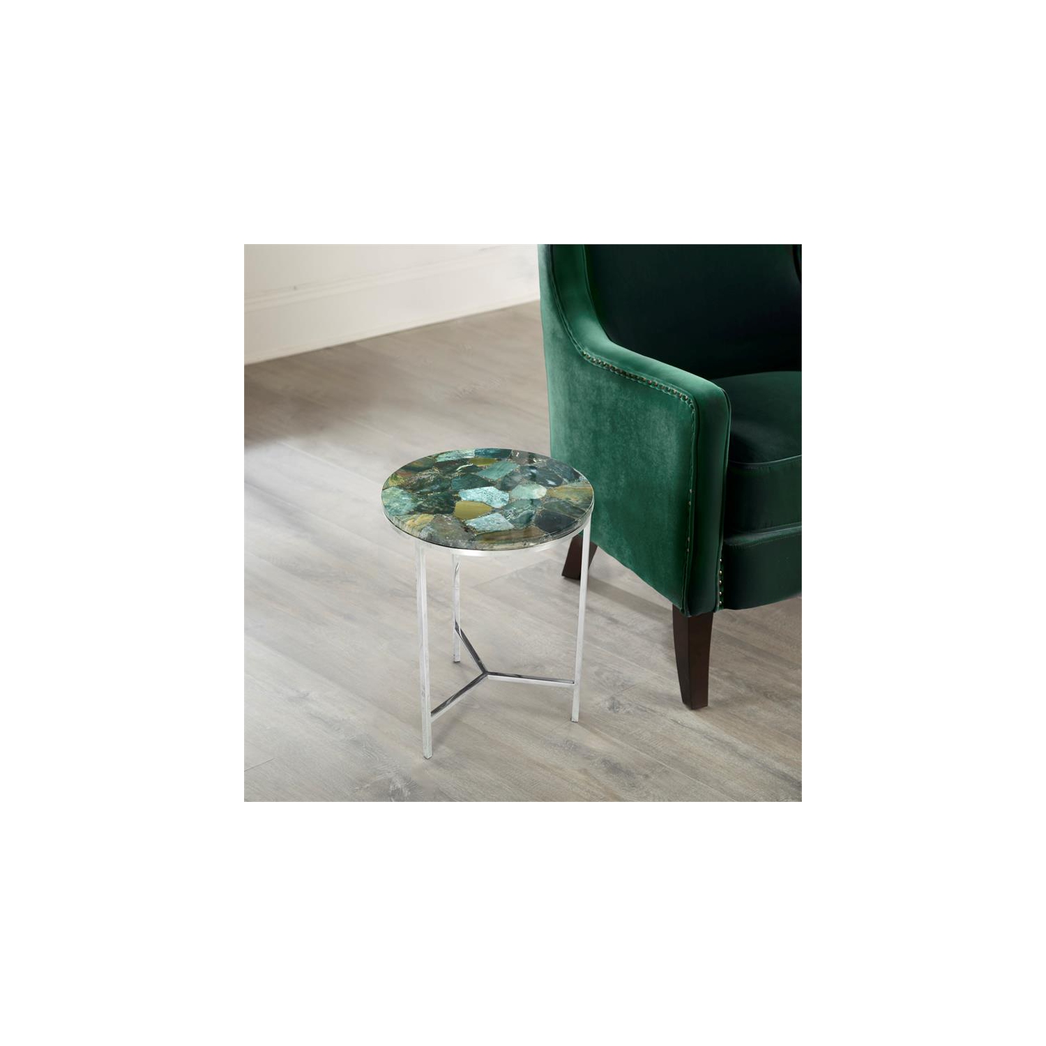 Steve Silver Foster Round Spa Green Agate Top and Nickel Base Chairside Table