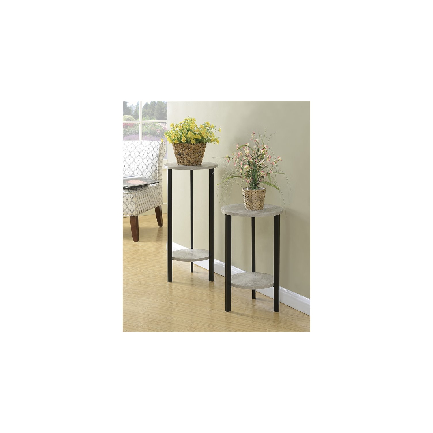 Support pour plante gris pierre de 31 po en faux bouleau gris avec cadre en métal noir