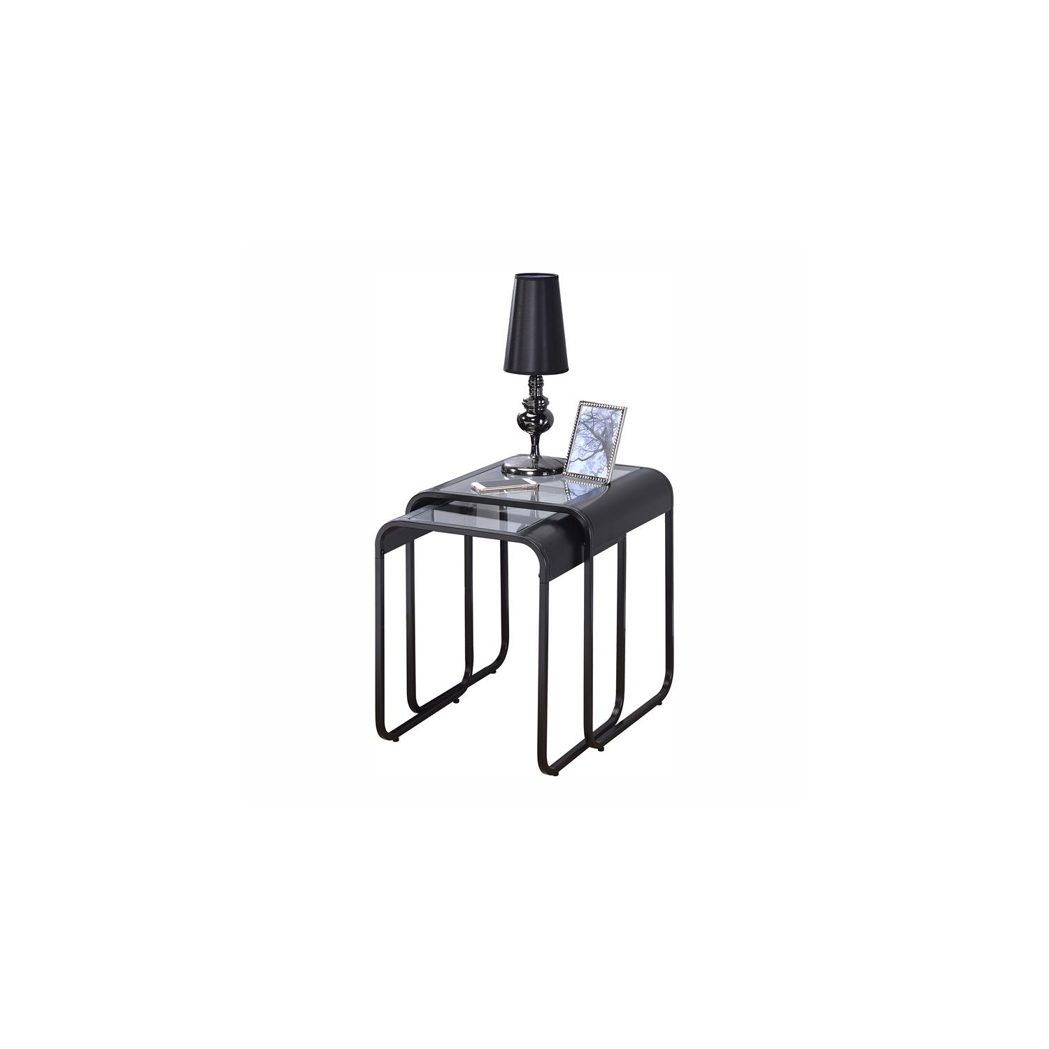 Furniture of America Shawton Glass Top 2-Piece Nesting Table Set in Black
