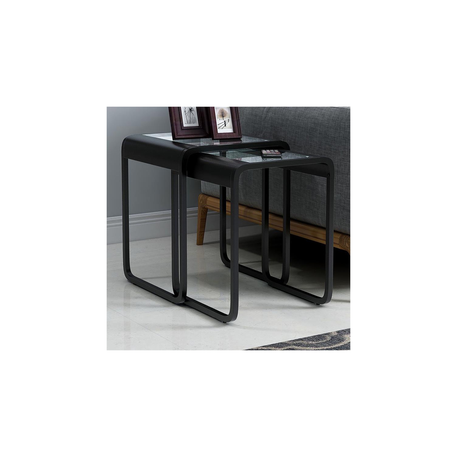 Furniture of America Shawton Glass Top 2-Piece Nesting Table Set in Black