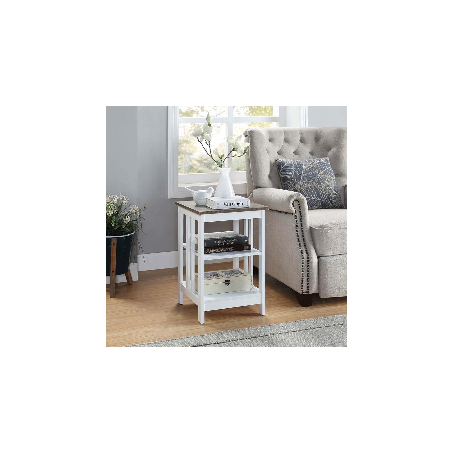 Convenience Concepts Mission End Table in White Wood with Driftwood Top