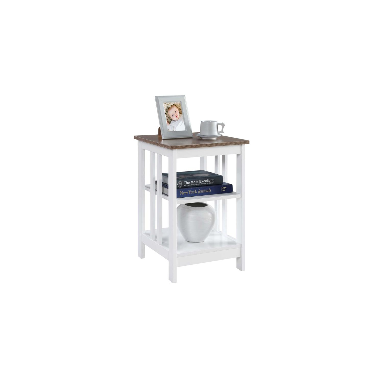 Convenience Concepts Mission End Table in White Wood with Driftwood Top