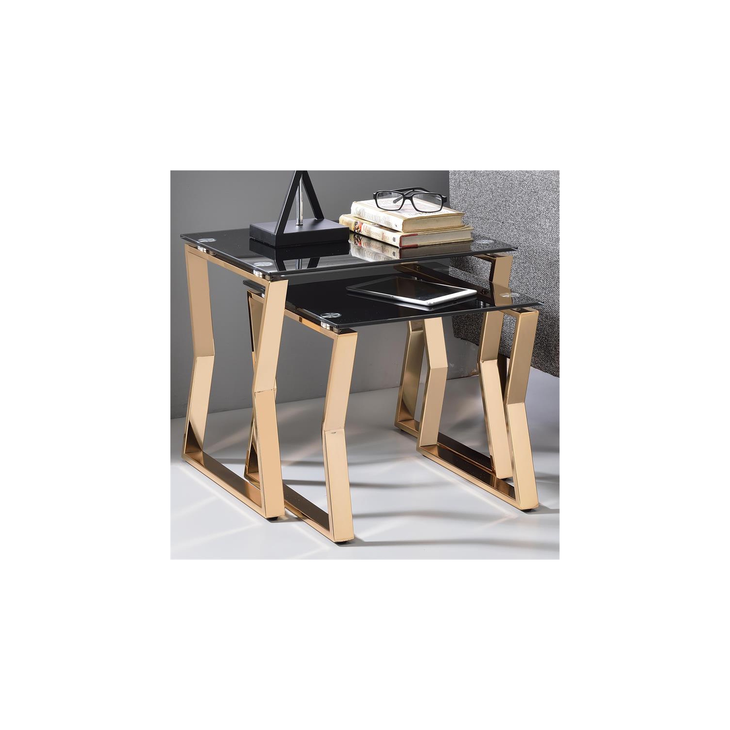 Furniture of America Abair 2-Piece Glass Top Nesting Table in Gold