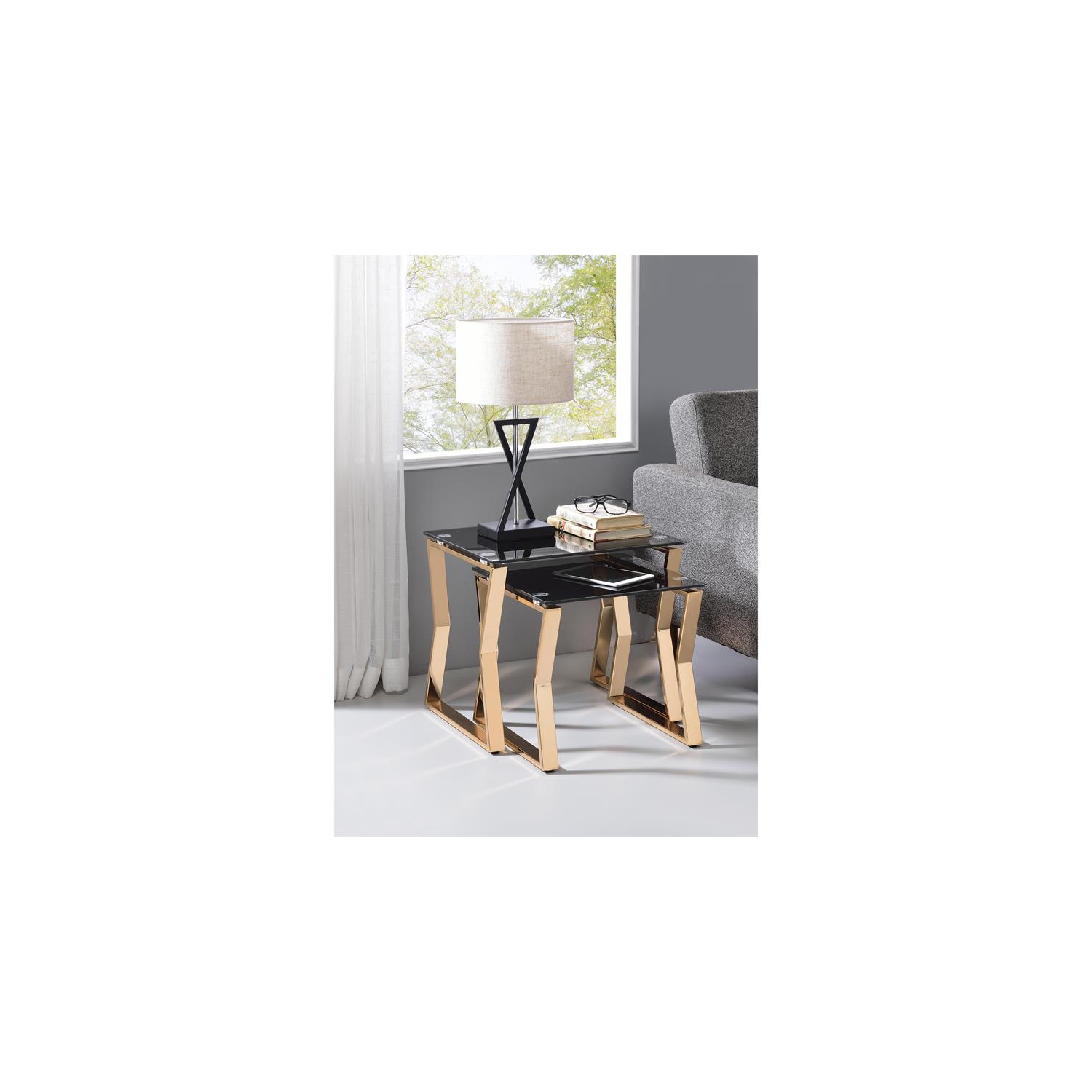 Furniture of America Abair 2-Piece Glass Top Nesting Table in Gold