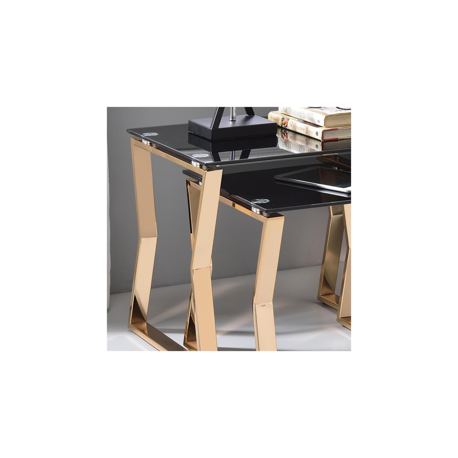 Furniture of America Abair 2-Piece Glass Top Nesting Table in Gold