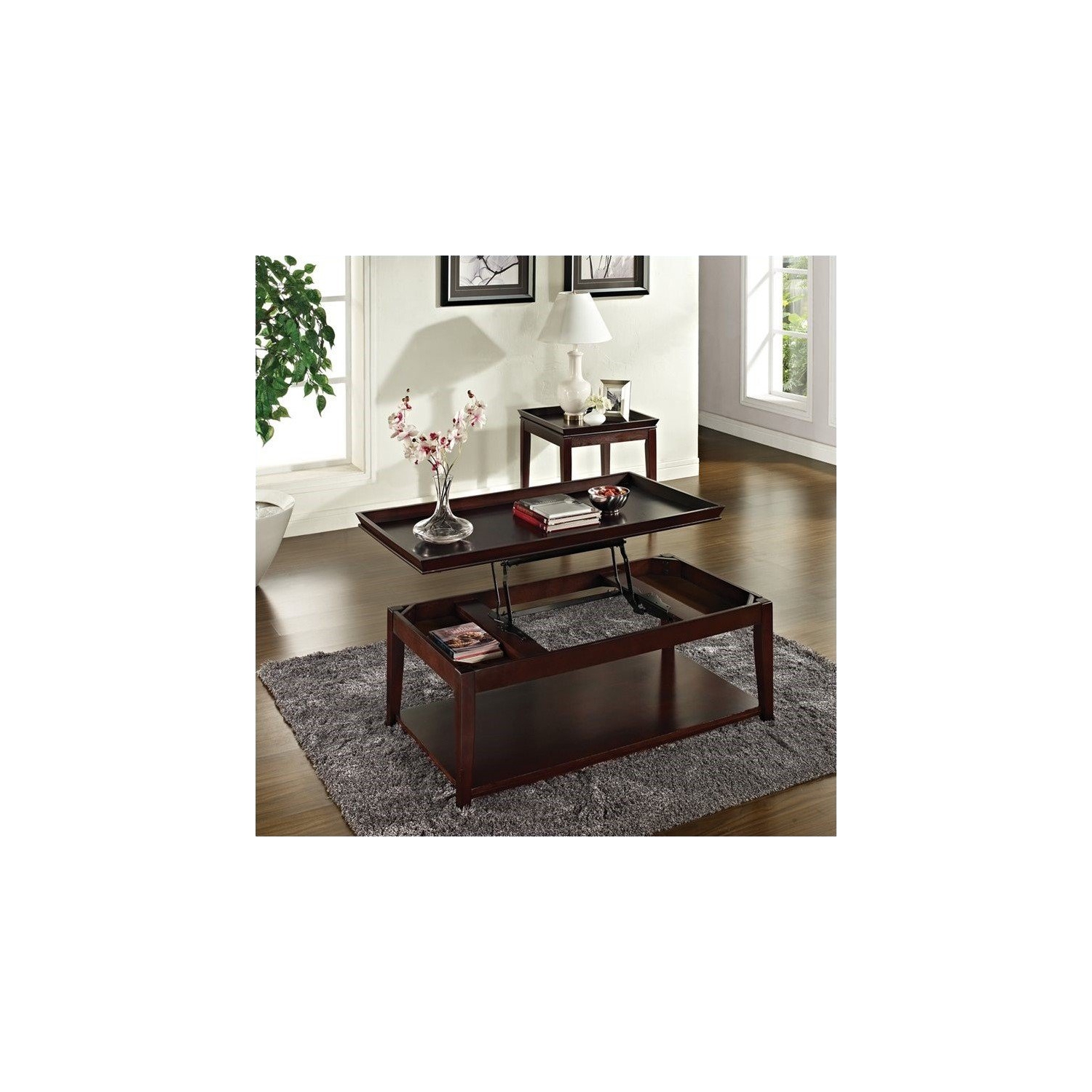 Bowery Hill Lift Top Cocktail Table with Casters in Multi-Step Cherry