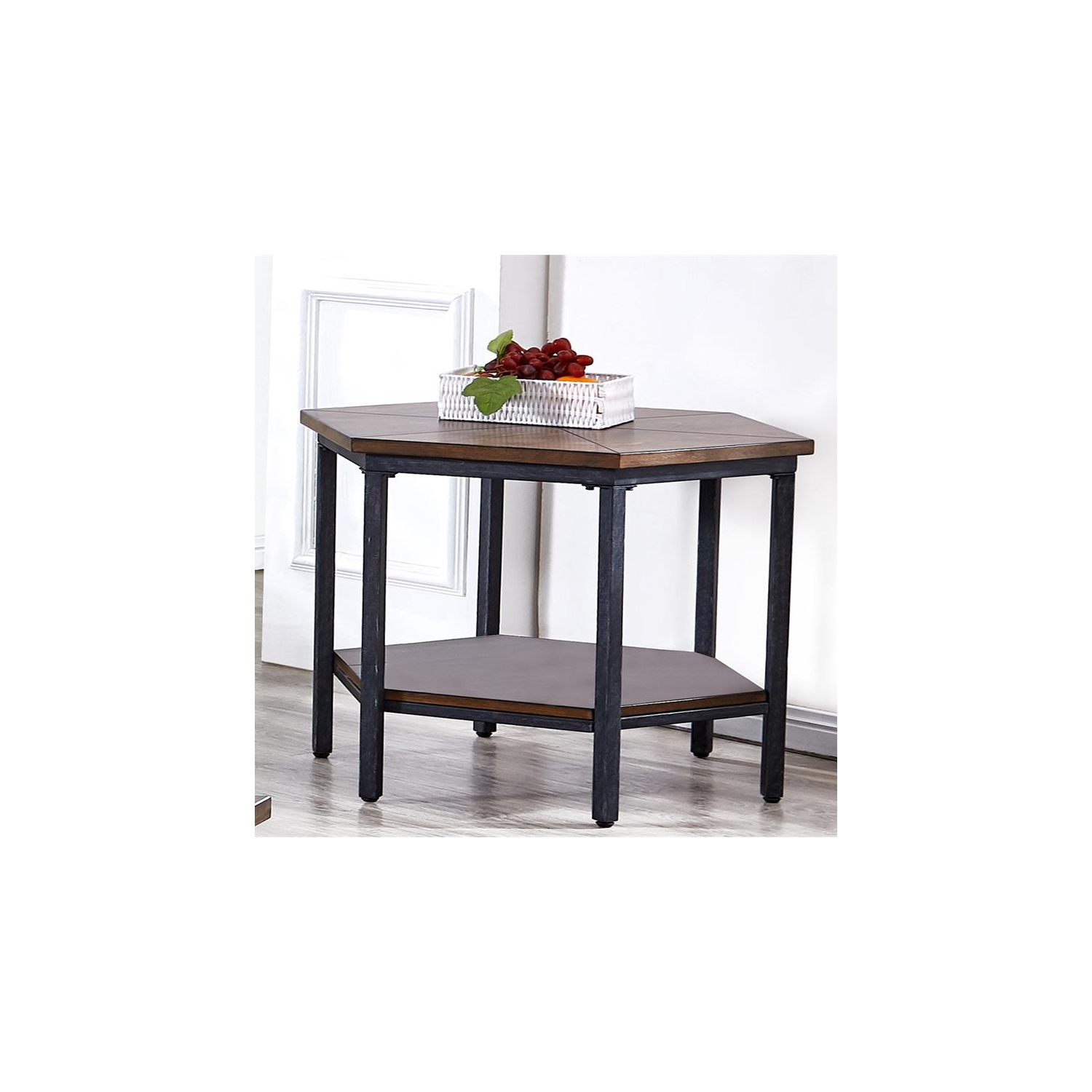 Table d’extrémité hexagonale Bowery Hill au fini chocolat brun avec base en fer