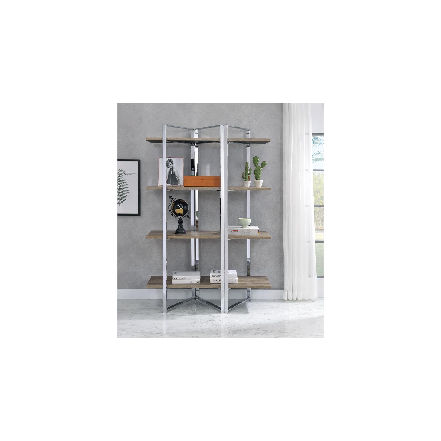 ACME Libby 4 Fixed Wooden Shelves Rectangular Bookshelf in Chrome Metal