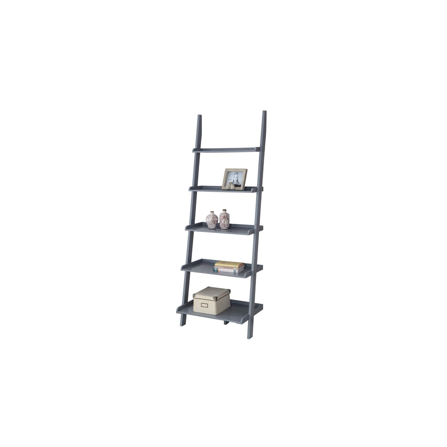Pemberly Row Five Shelf Ladder Bookcase in Gray Solid Wood Finish