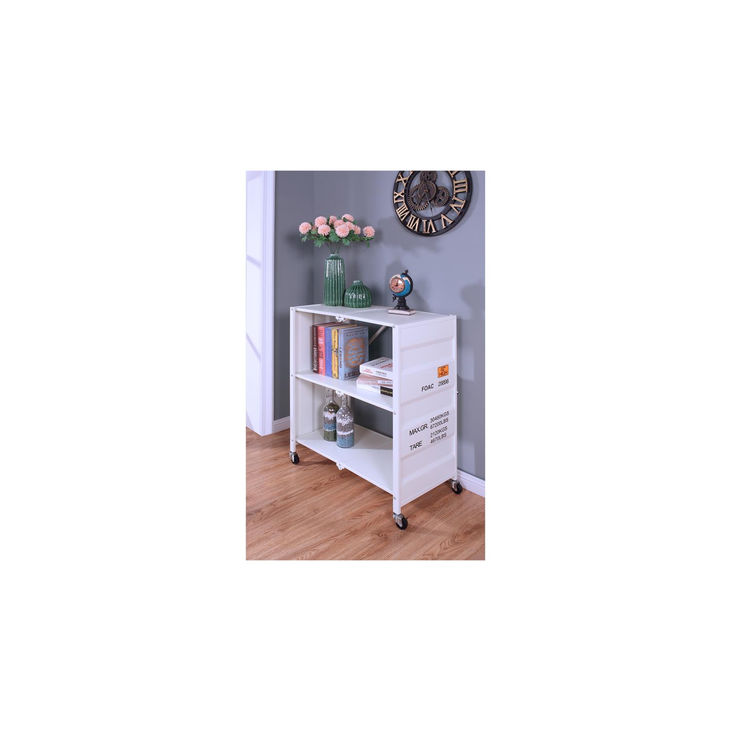 Furniture of America Lionna Metal Folding Bookcase with Wheels in White