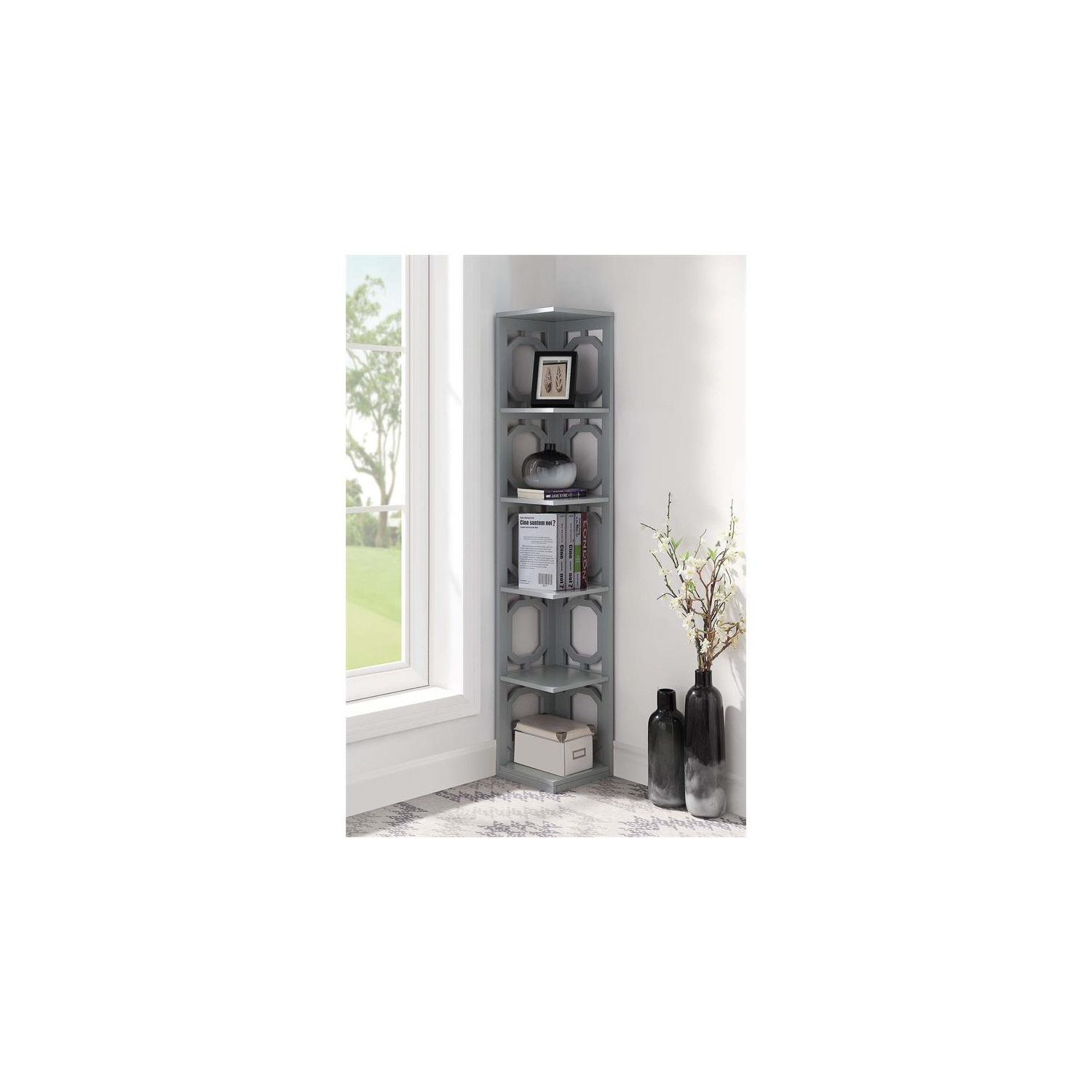 Bibliothèque en coin à cinq niveaux Pemberly, fini bois gris