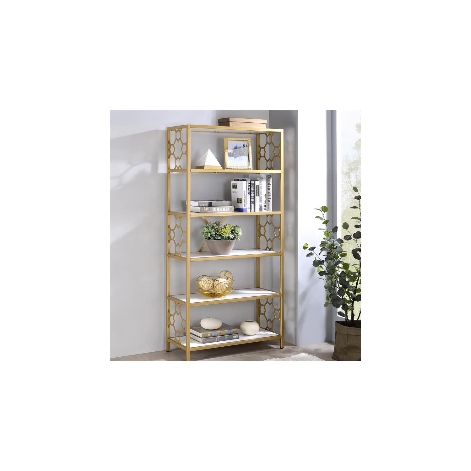 Bibliothèque à 5 tablettes en métal blanc et doré de Furniture of America Abair