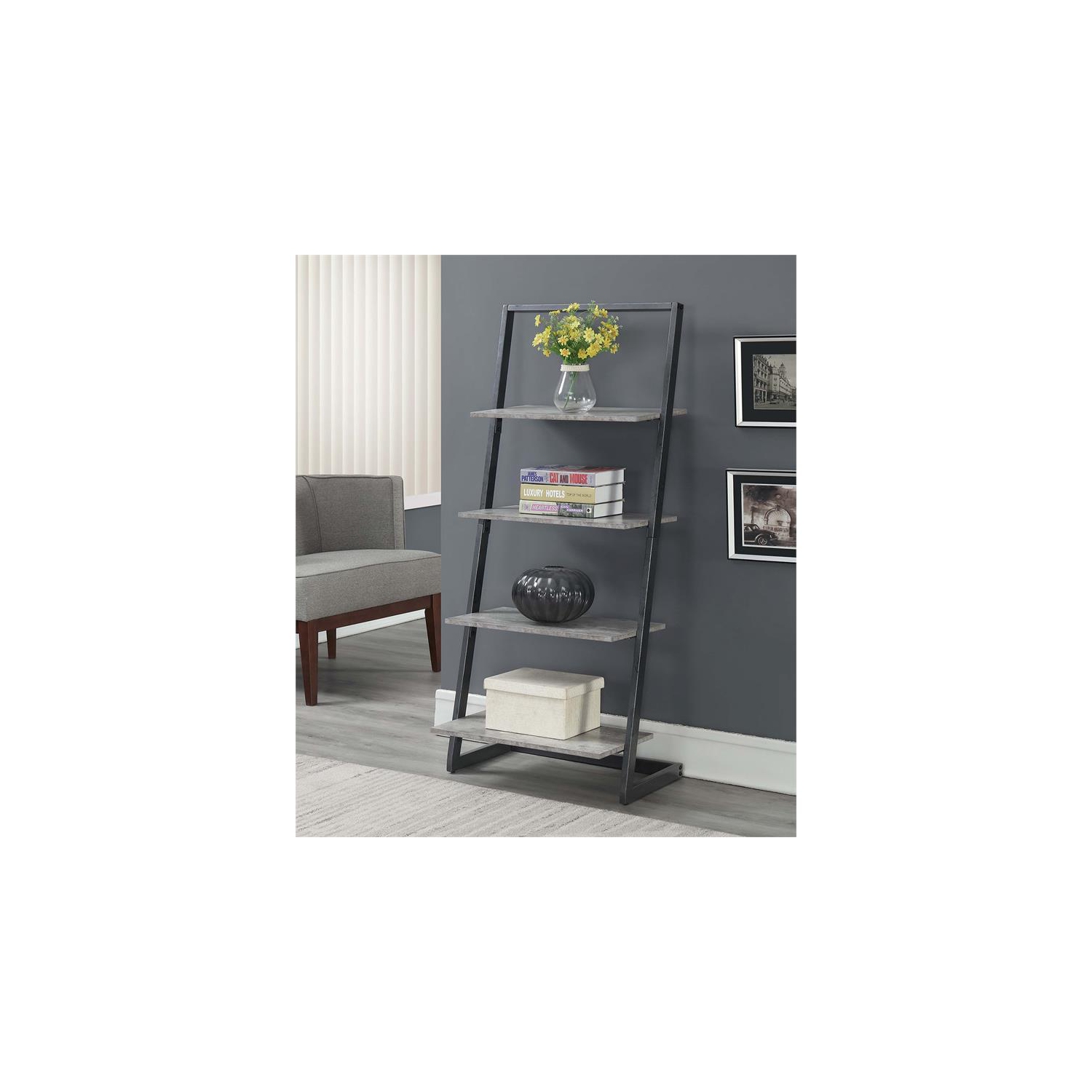 Convenience Concepts Graystone Four-Tier Ladder Bookcase/shelf in Gray Wood