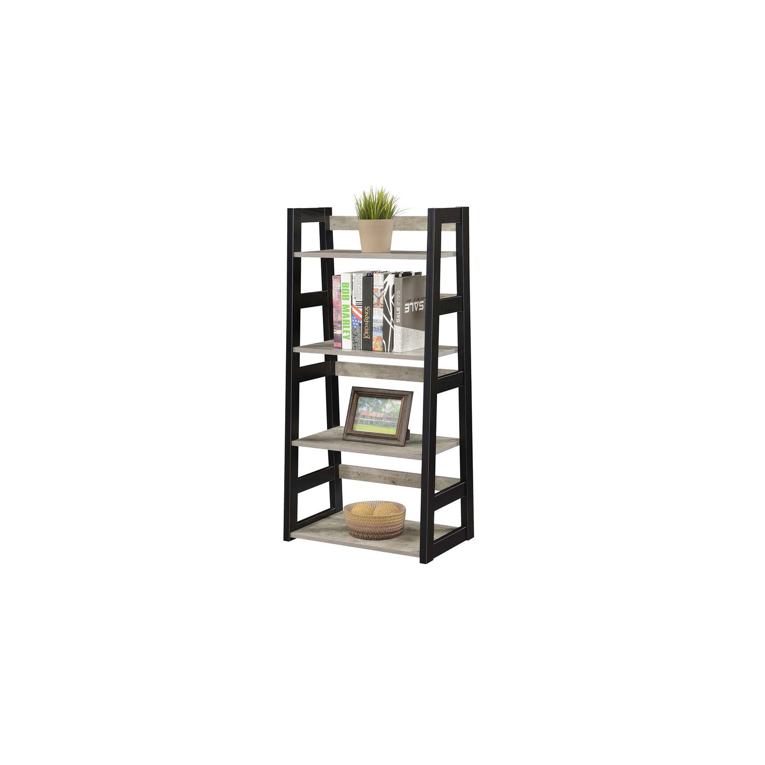 Designs2Go Trestle Bookcase in Gray Faux Birch Wood with Black Frame
