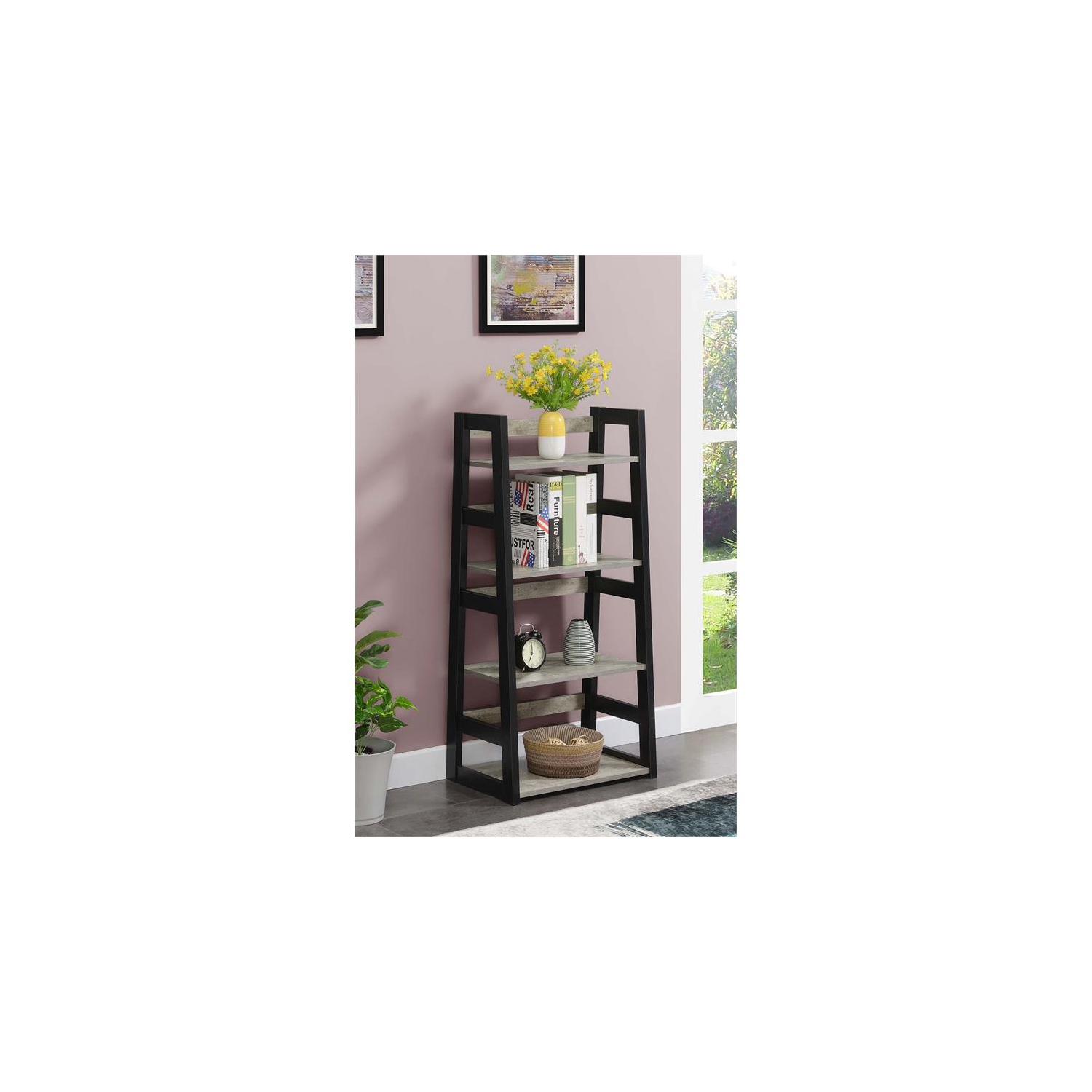 Designs2Go Trestle Bookcase in Gray Faux Birch Wood with Black Frame