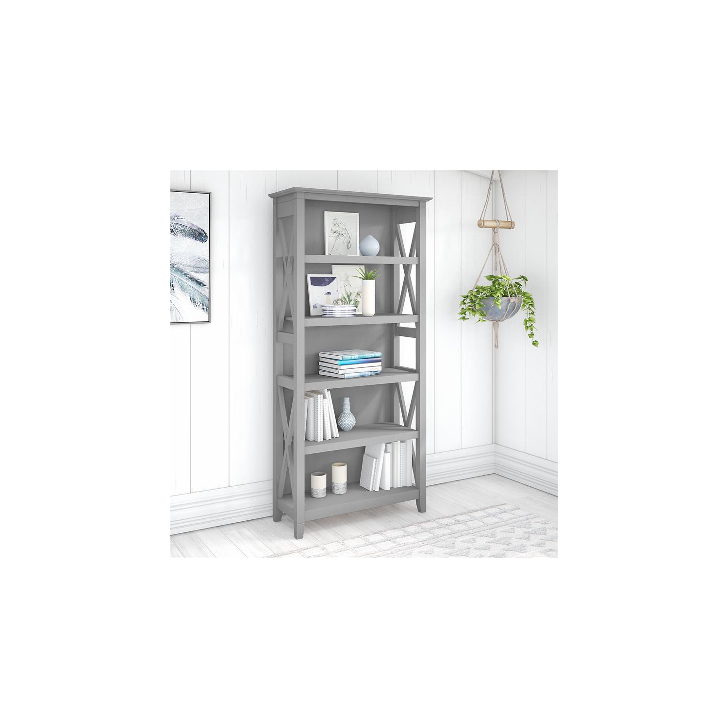 Bowery Hill Tall 5 Shelf Bookcase in Cape Cod Gray - Engineered Wood