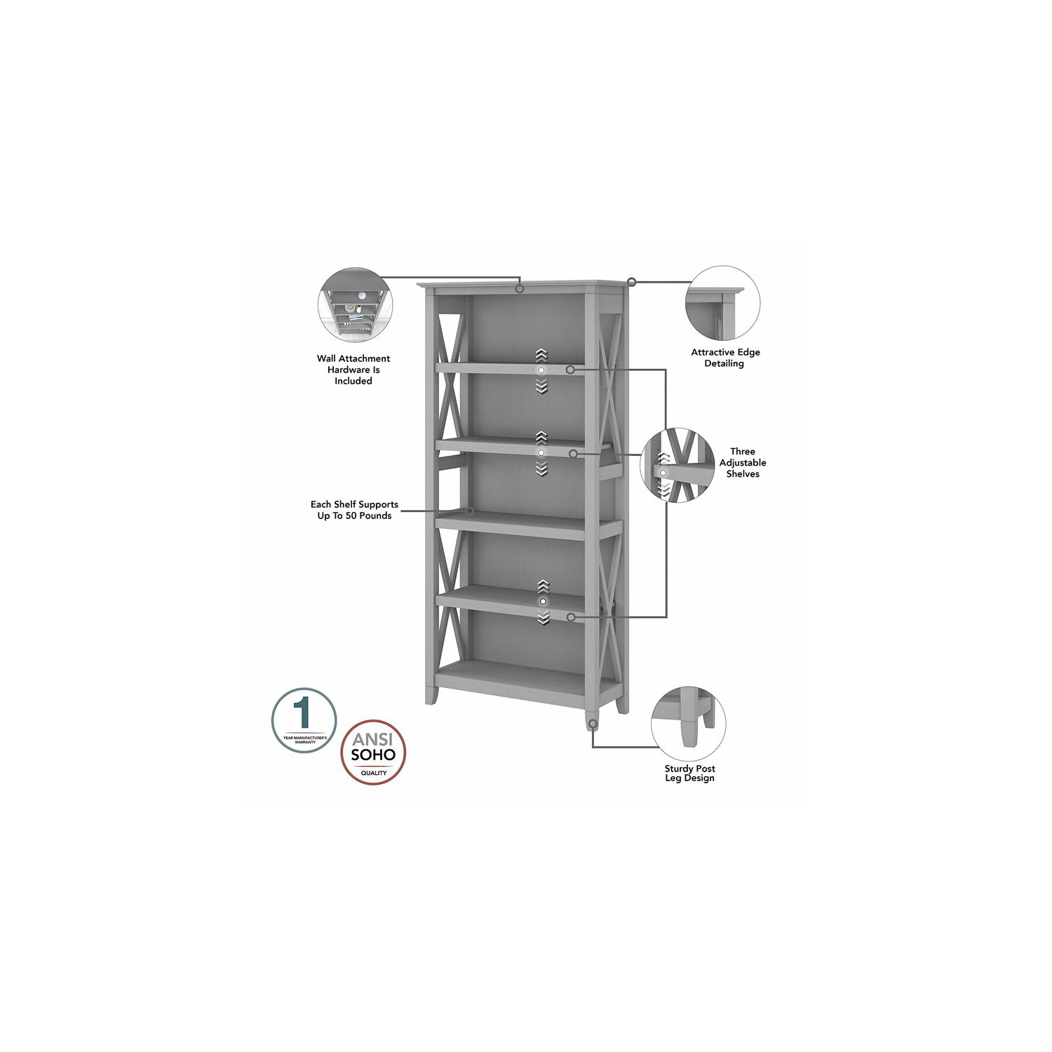 Bowery Hill Tall 5 Shelf Bookcase in Cape Cod Gray - Engineered Wood
