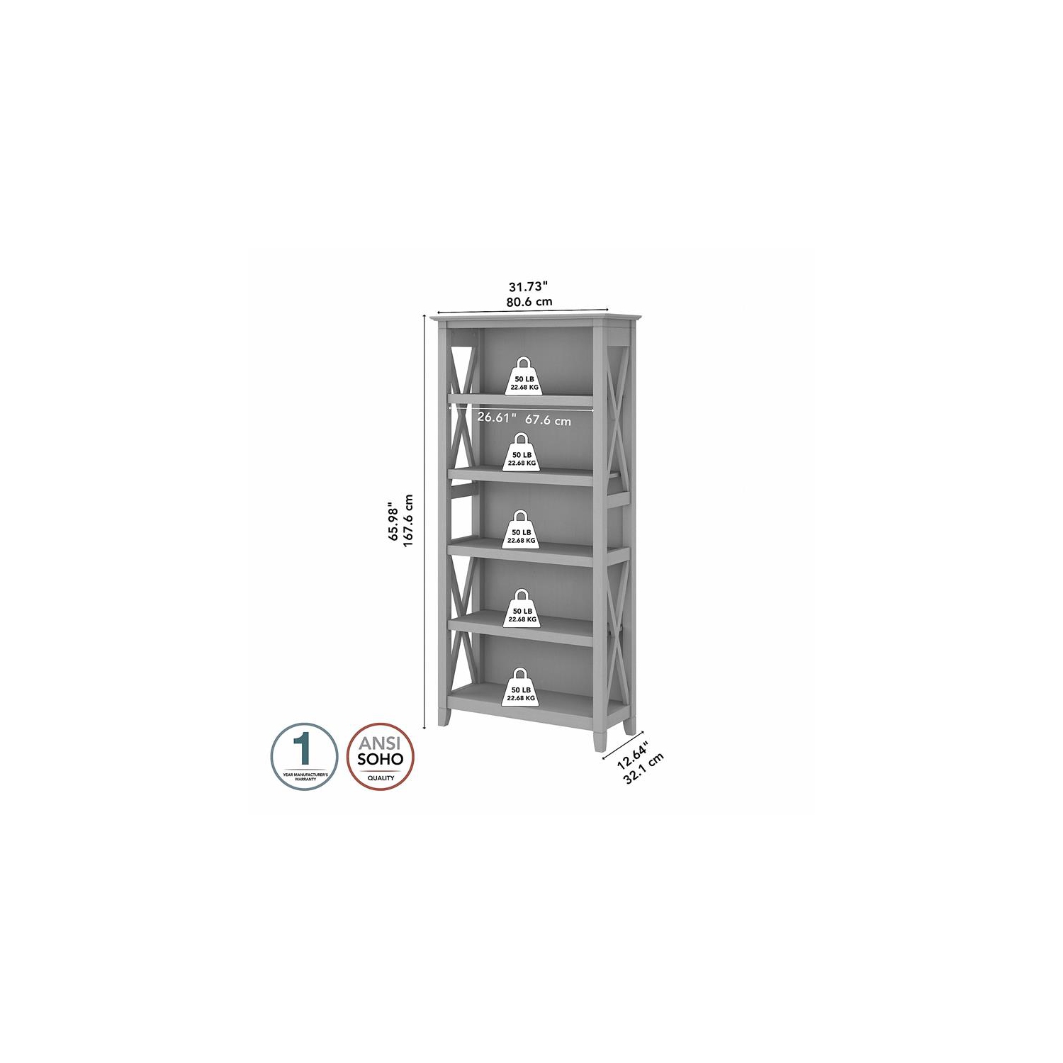 Bowery Hill Tall 5 Shelf Bookcase in Cape Cod Gray - Engineered Wood