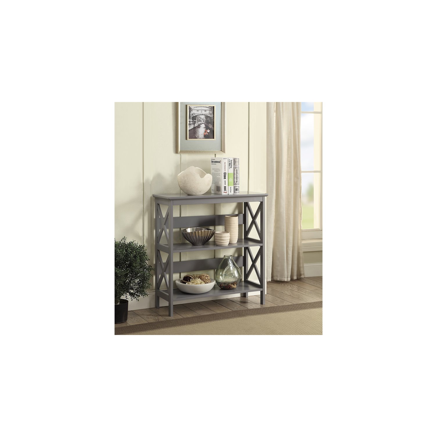 Pemberly Row Three-Tier Bookcase in Gray Wood Finish