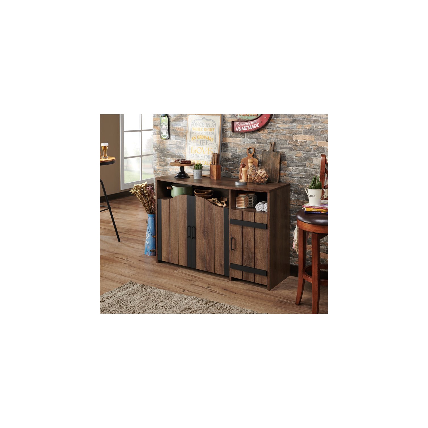 Furniture of America Helen Farmhouse Wood 6-Shelf Buffet in Distressed Walnut
