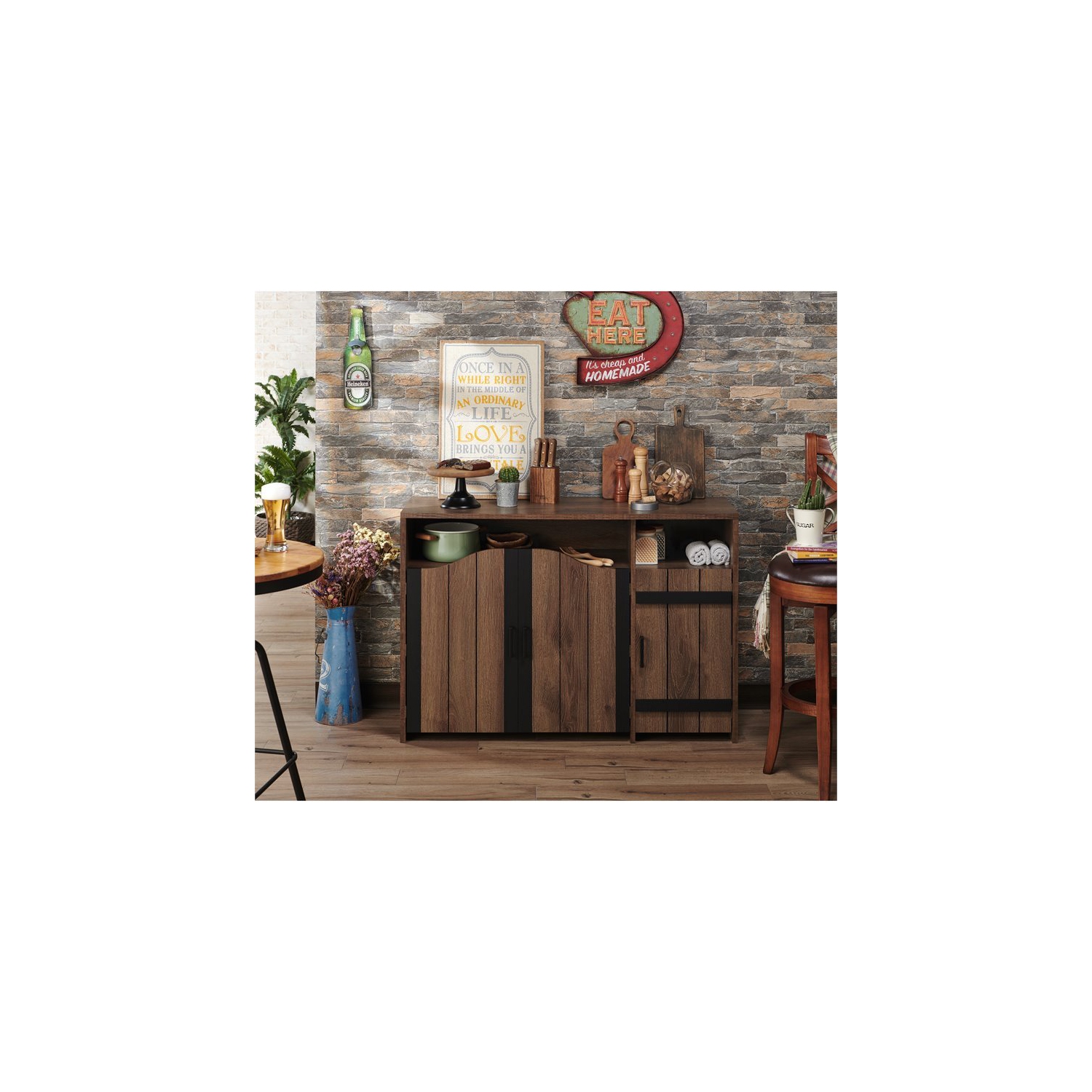 Furniture of America Helen Farmhouse Wood 6-Shelf Buffet in Distressed Walnut