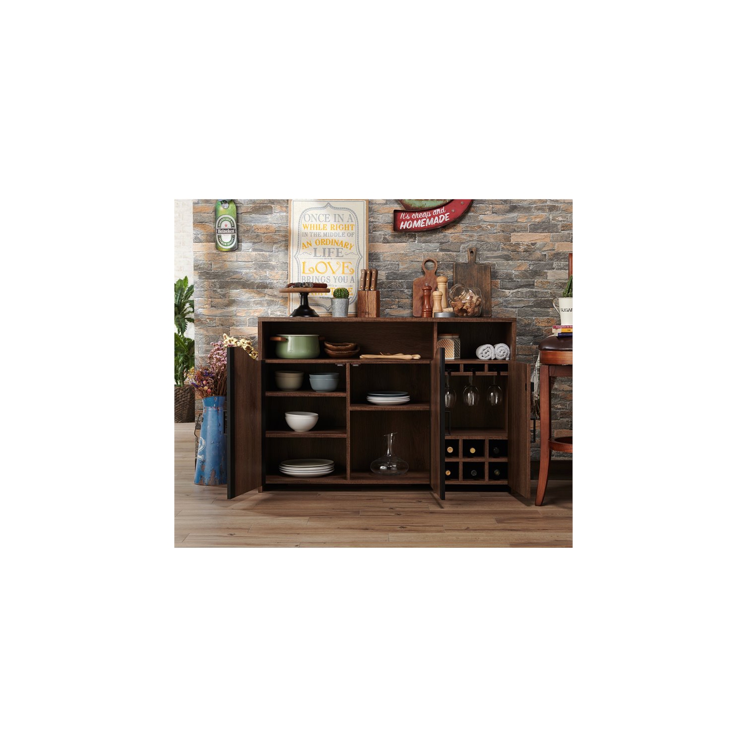 Furniture of America Helen Farmhouse Wood 6-Shelf Buffet in Distressed Walnut