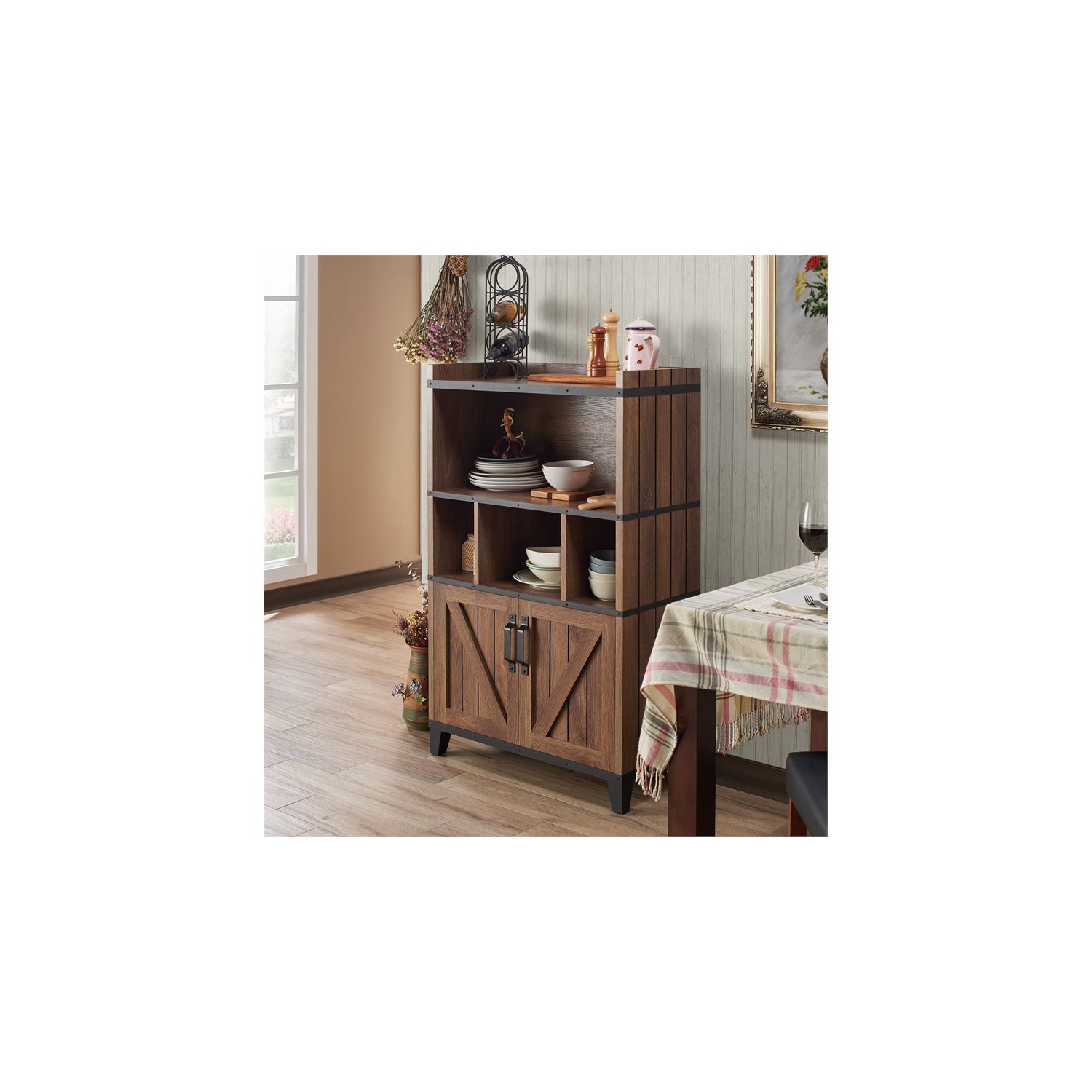 Furniture of America Rhen Farmhouse Wood 8-Shelf Buffet in Distressed Walnut