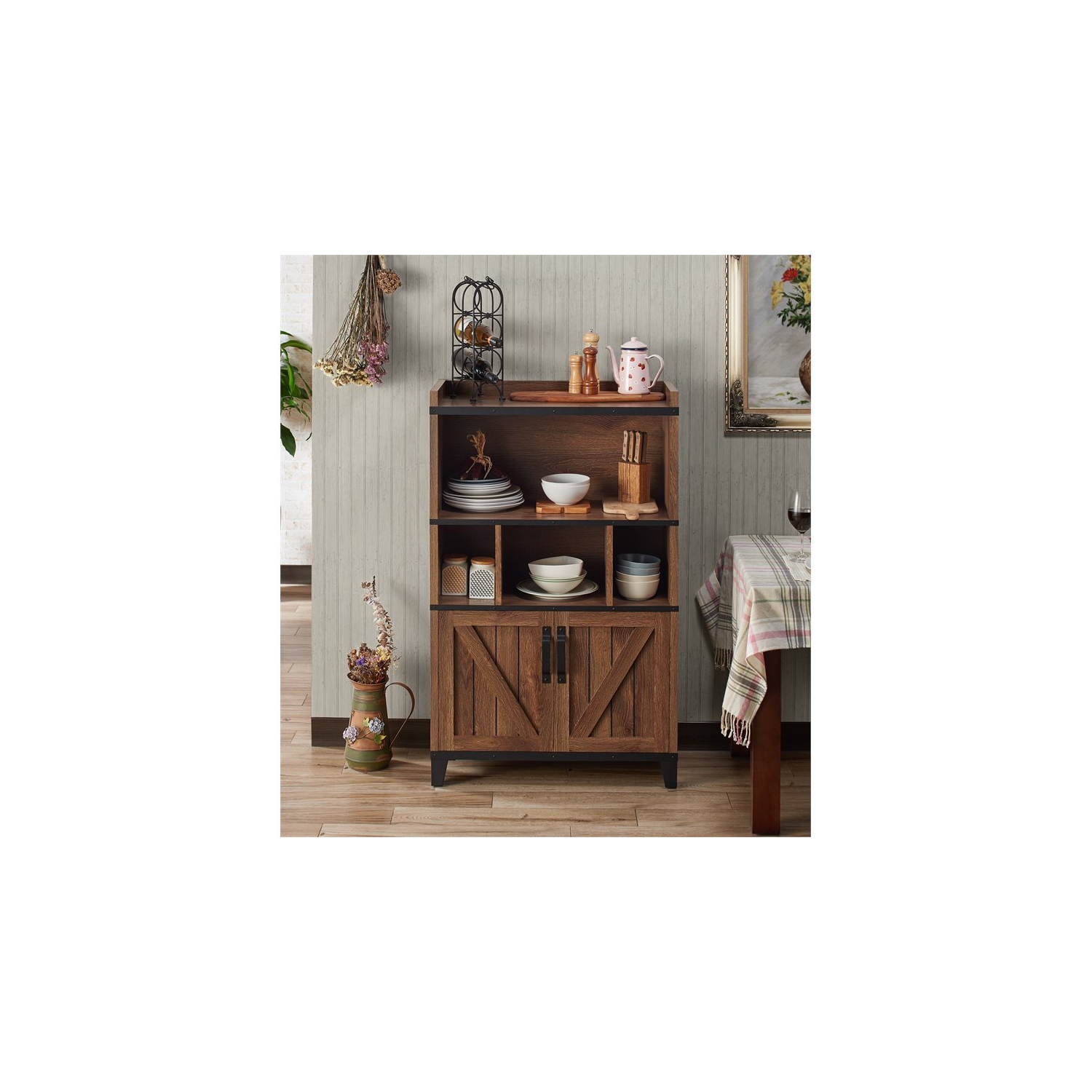 Furniture of America Rhen Farmhouse Wood 8-Shelf Buffet in Distressed Walnut
