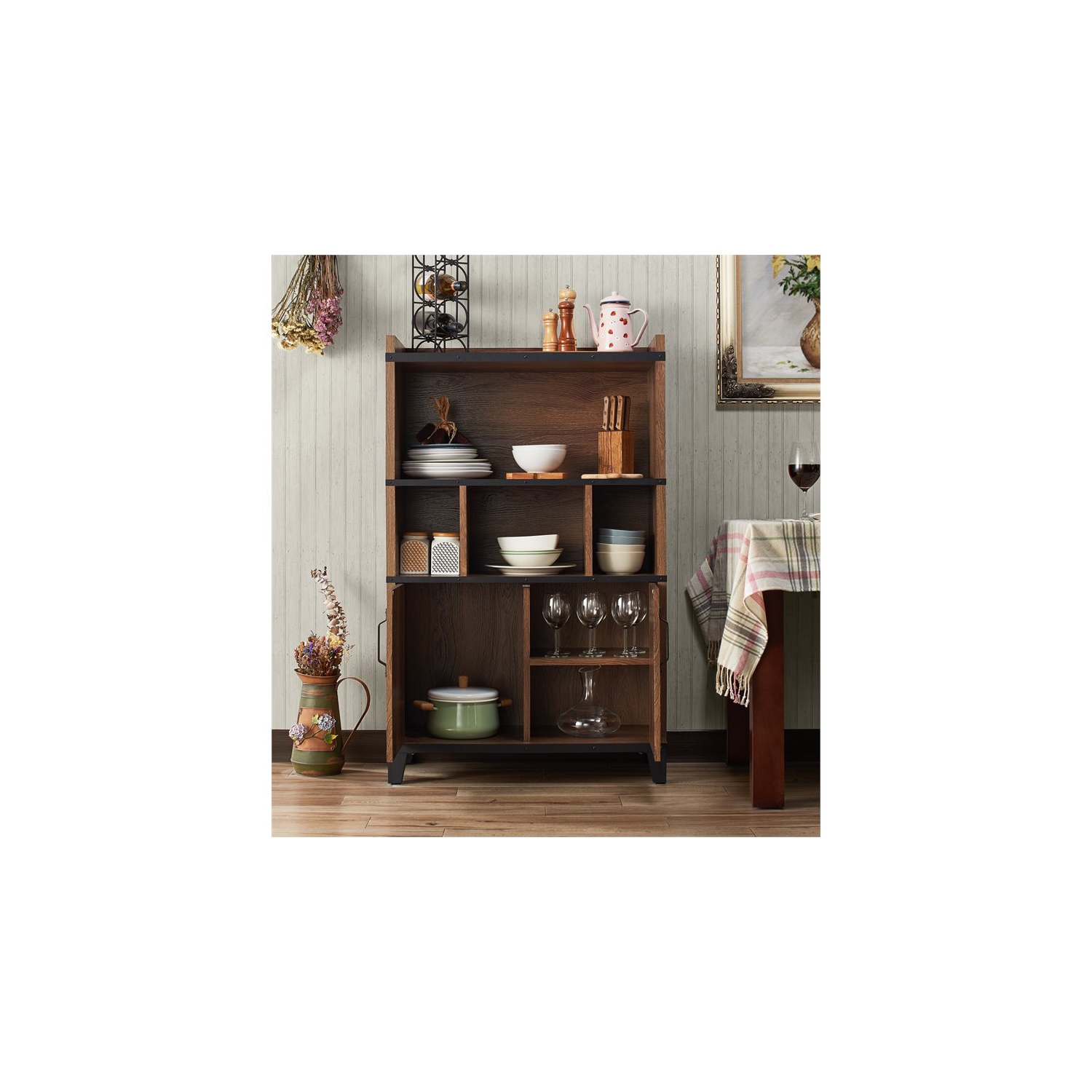Furniture of America Rhen Farmhouse Wood 8-Shelf Buffet in Distressed Walnut