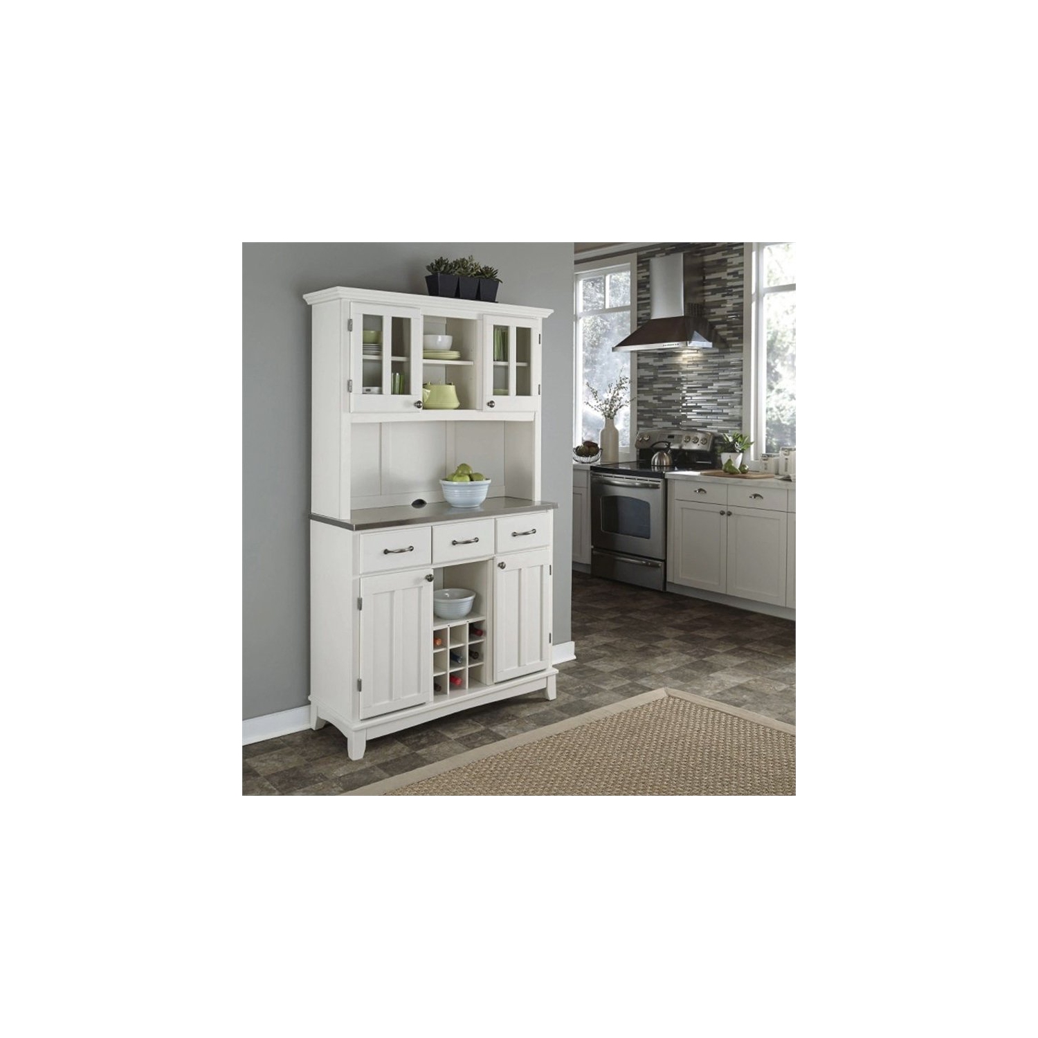 Pemberly Row Modern Steel Top Wood Buffet and 2-Door Hutch in White