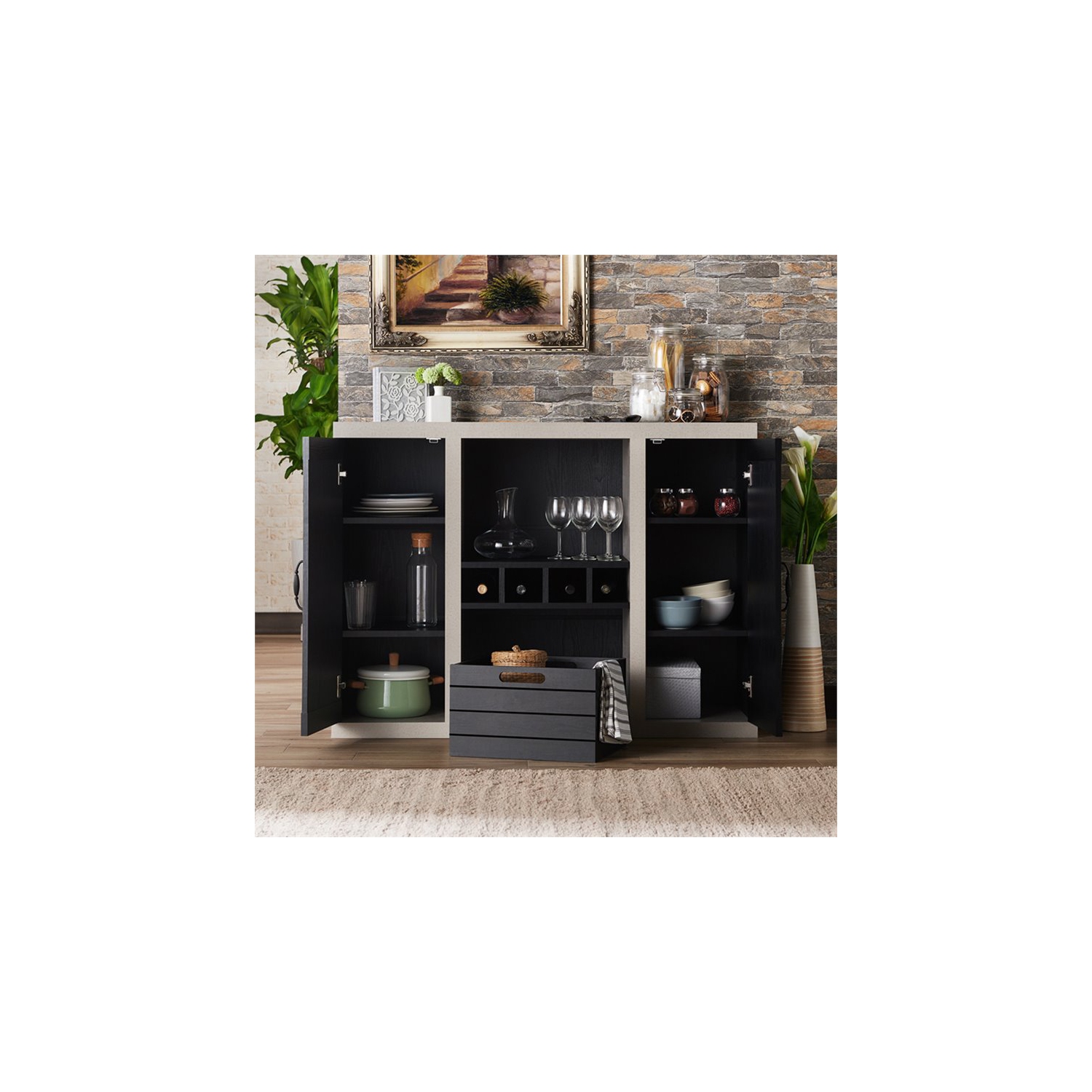 Furniture of America Vando Industrial Wood Multi-Storage Buffet in Black