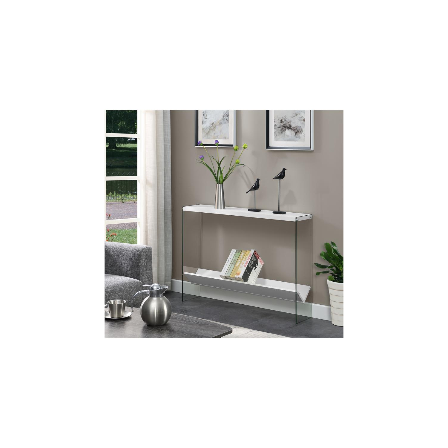 Convenience Concepts SoHo V Console Table with Shelf in White Wood Finish