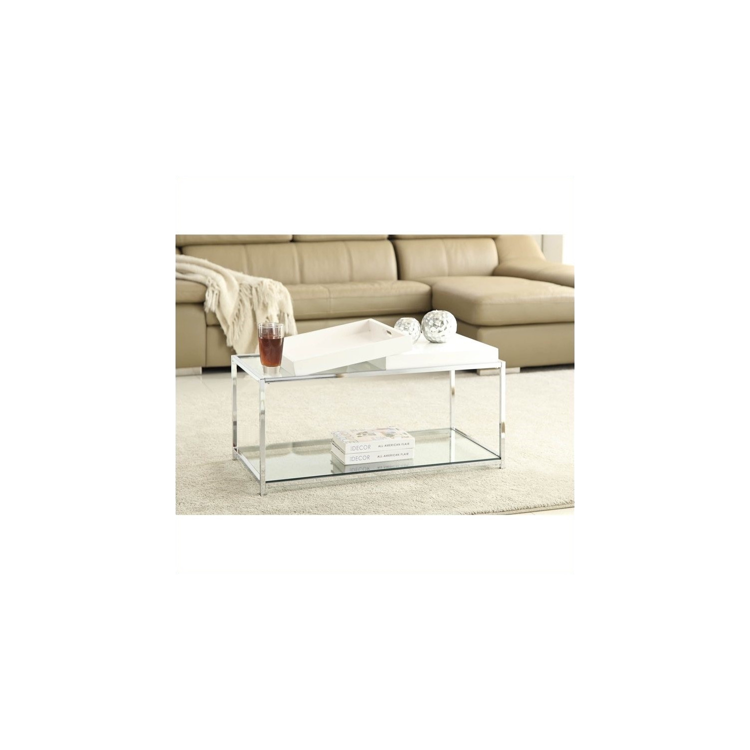Pemberly Row Glass Coffee Table in White