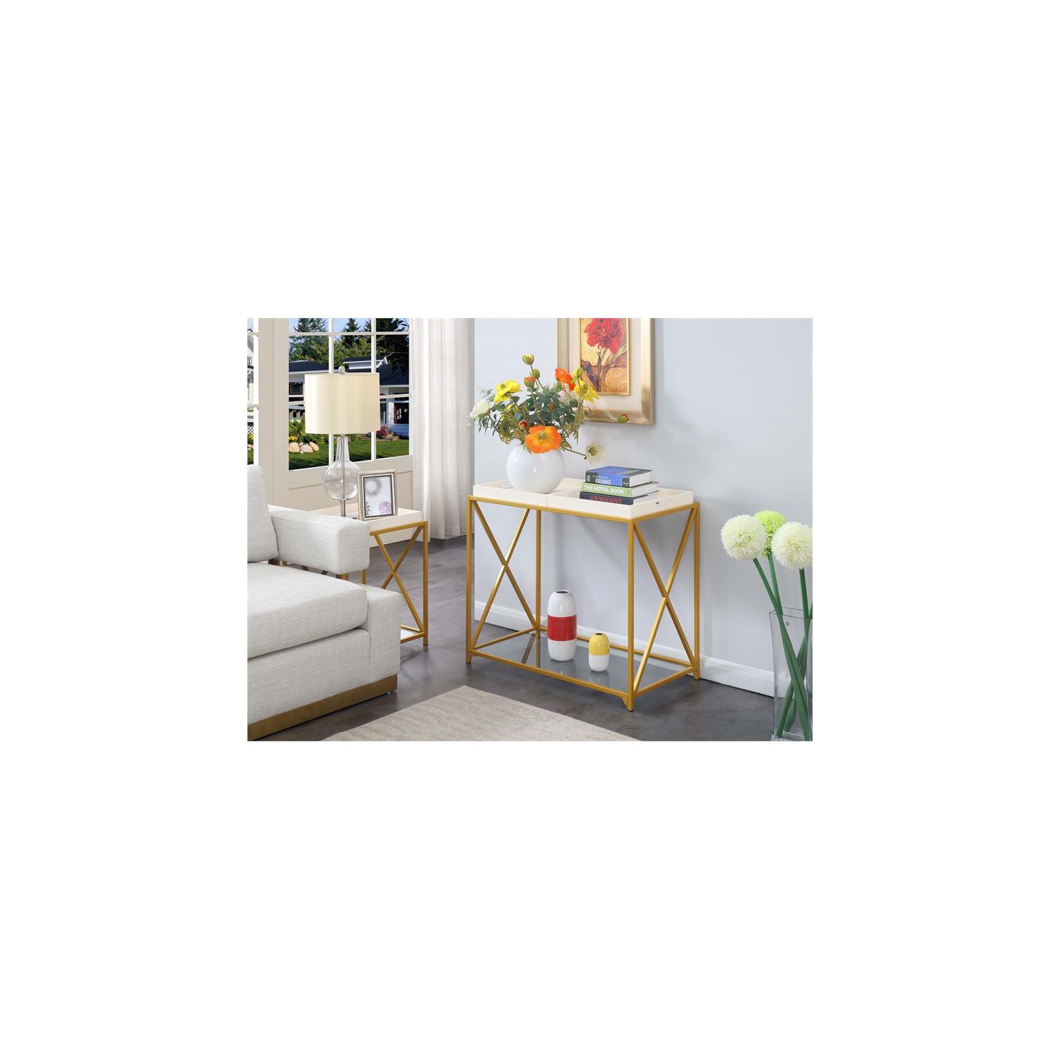 Pemberly Row Contemporary Console Table in Gold Metal Frame