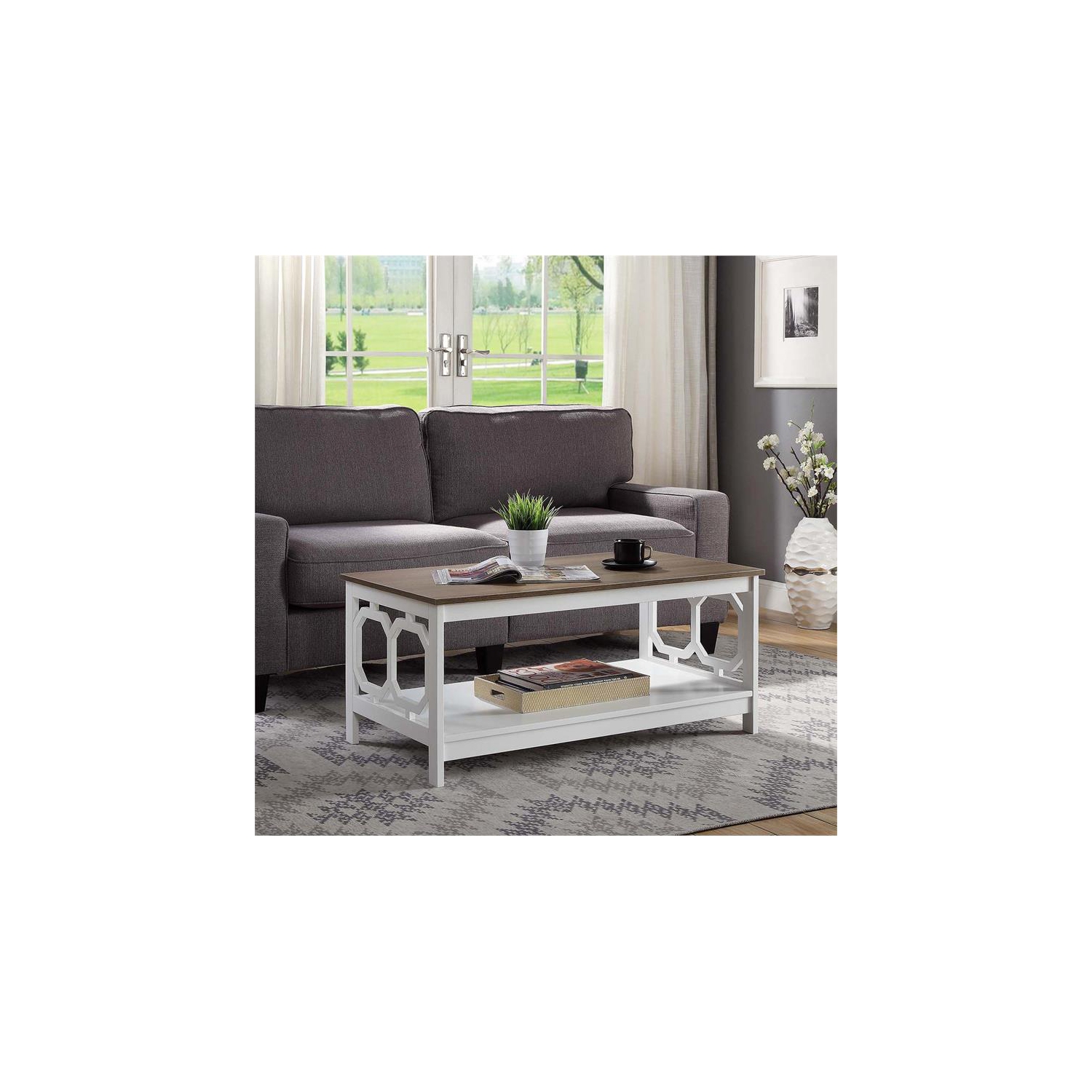 Convenience Concepts Omega Coffee Table in White and Driftwood Brown Wood Finish