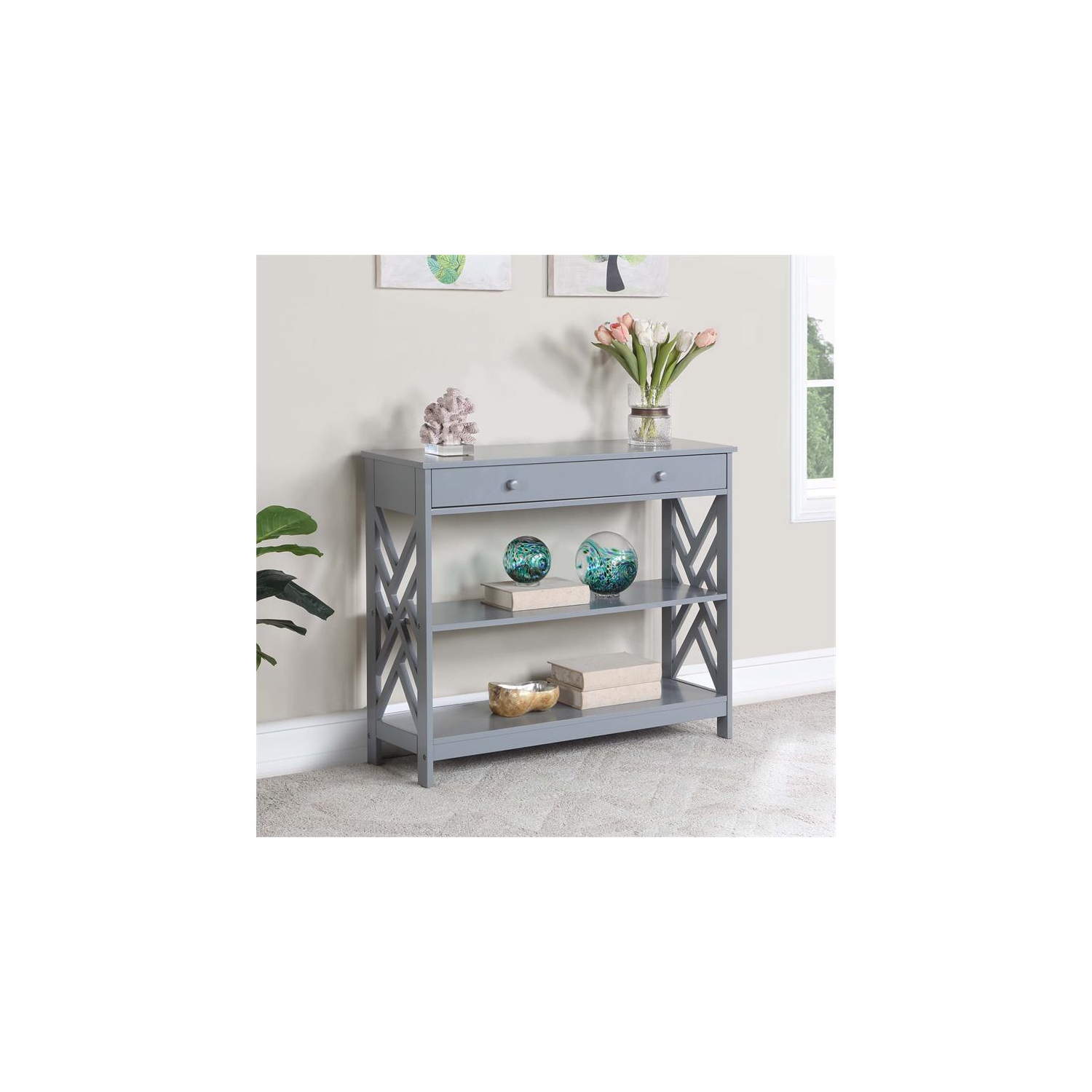 Convenience Concepts Titan One-Drawer Console Table with Shelves in Gray Wood