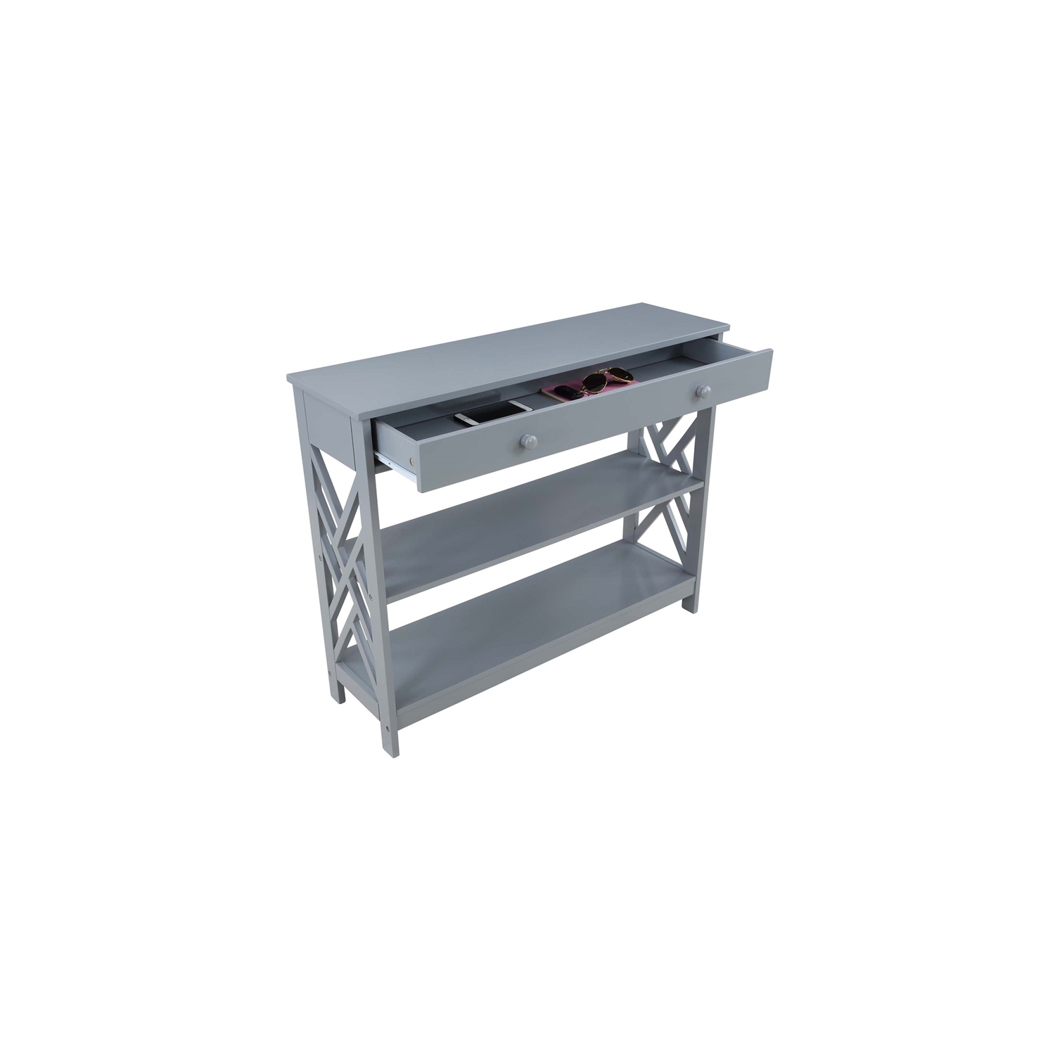 Convenience Concepts Titan One-Drawer Console Table with Shelves in Gray Wood