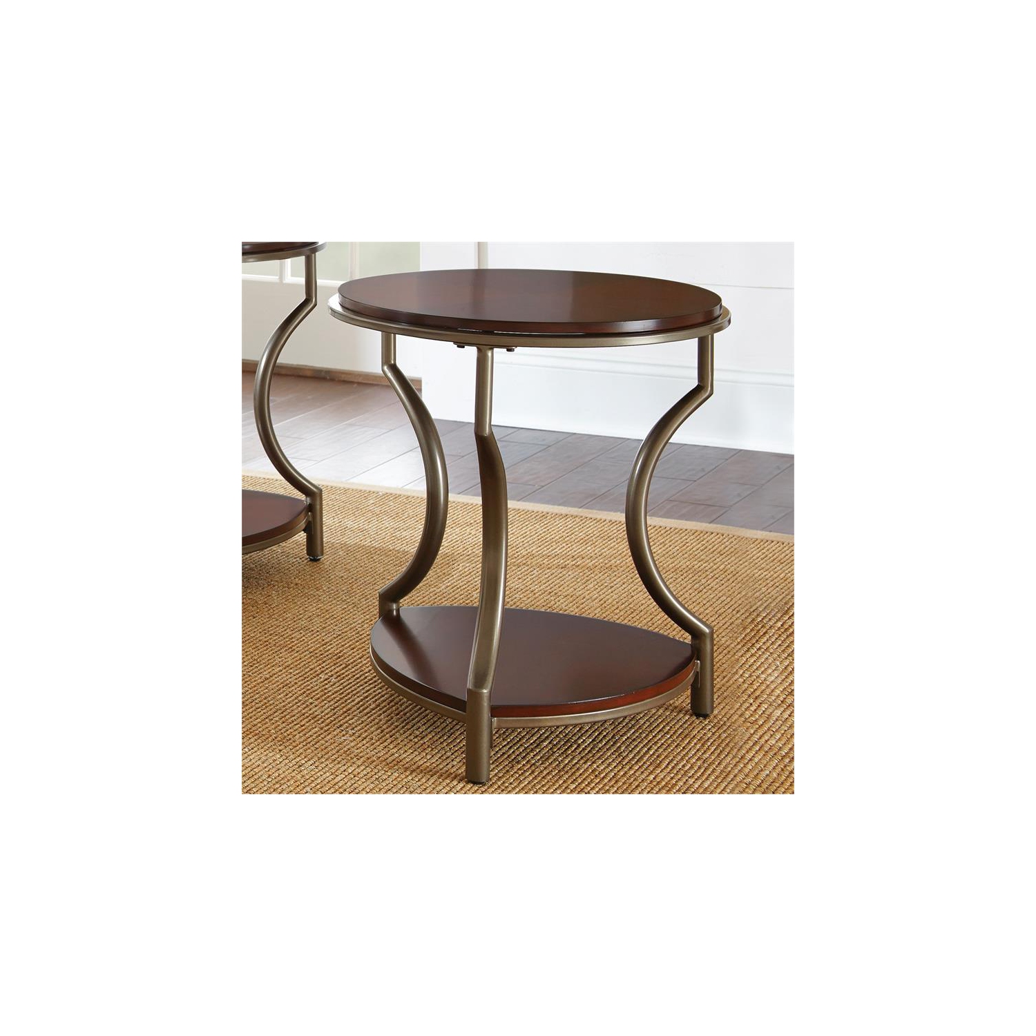 Miles – Table d’extrémité ronde en métal et en bois au fini cerisier merlot