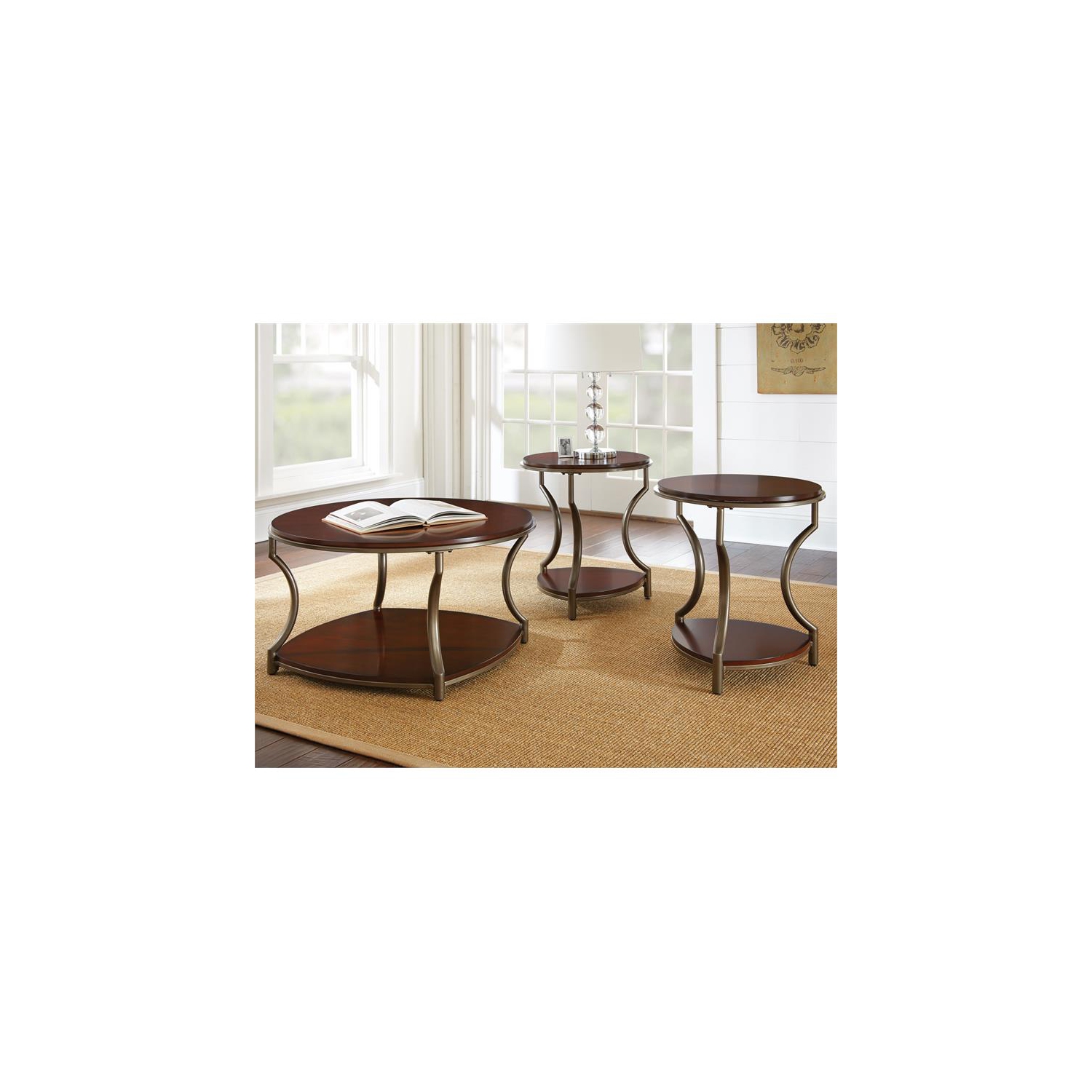 Miles – Table d’extrémité ronde en métal et en bois au fini cerisier merlot