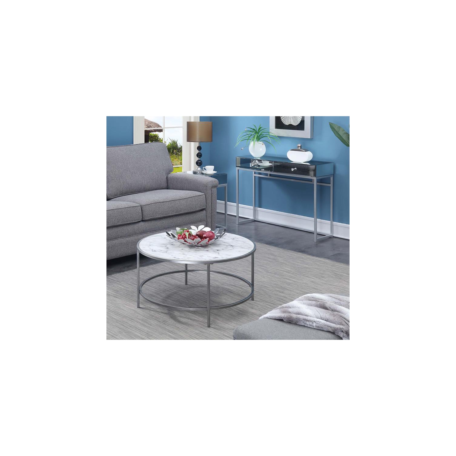 Convenience Concepts Gold Coast Faux Marble Round Coffee Table in White Wood