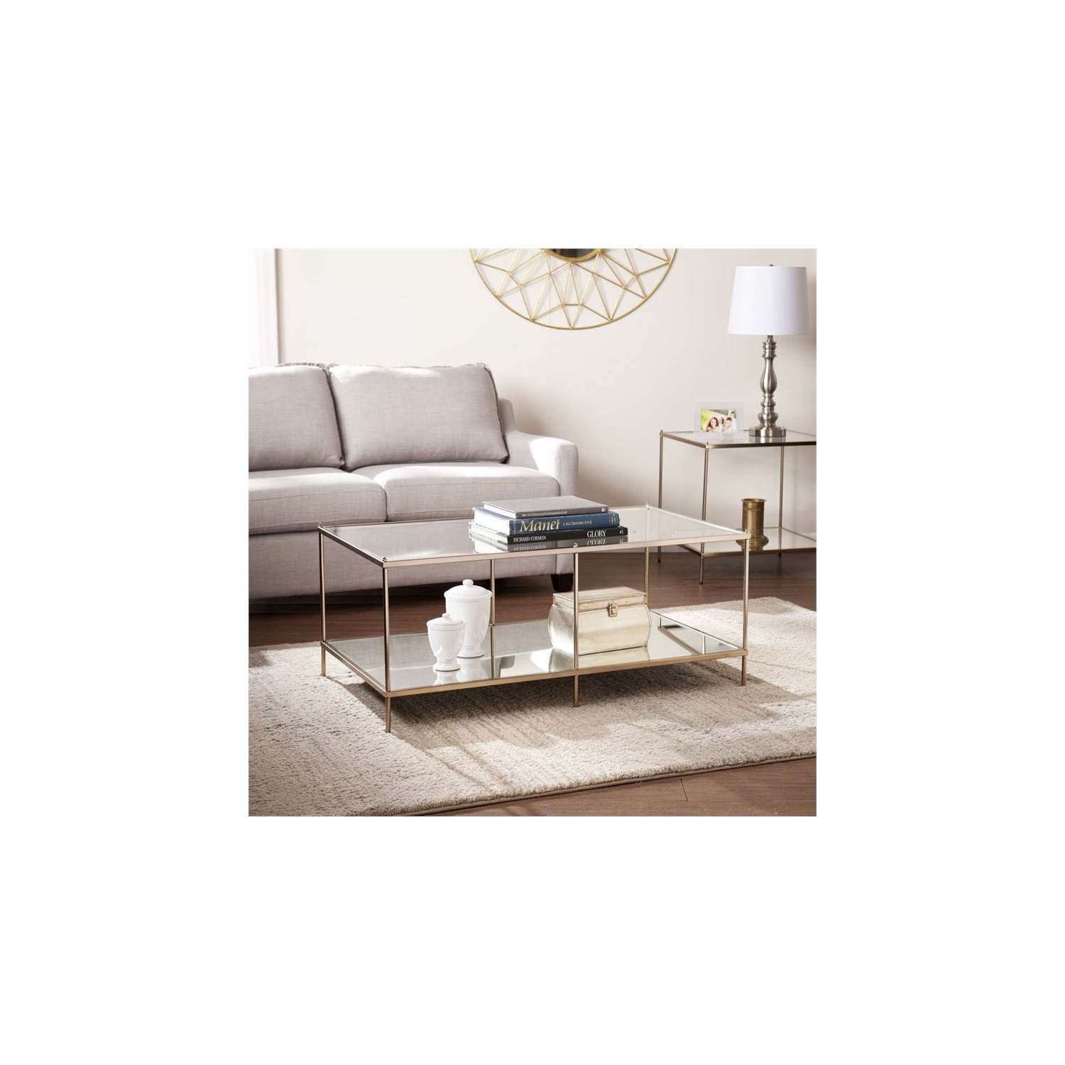 Bowery Hill Glass Top Coffee Table in Gold