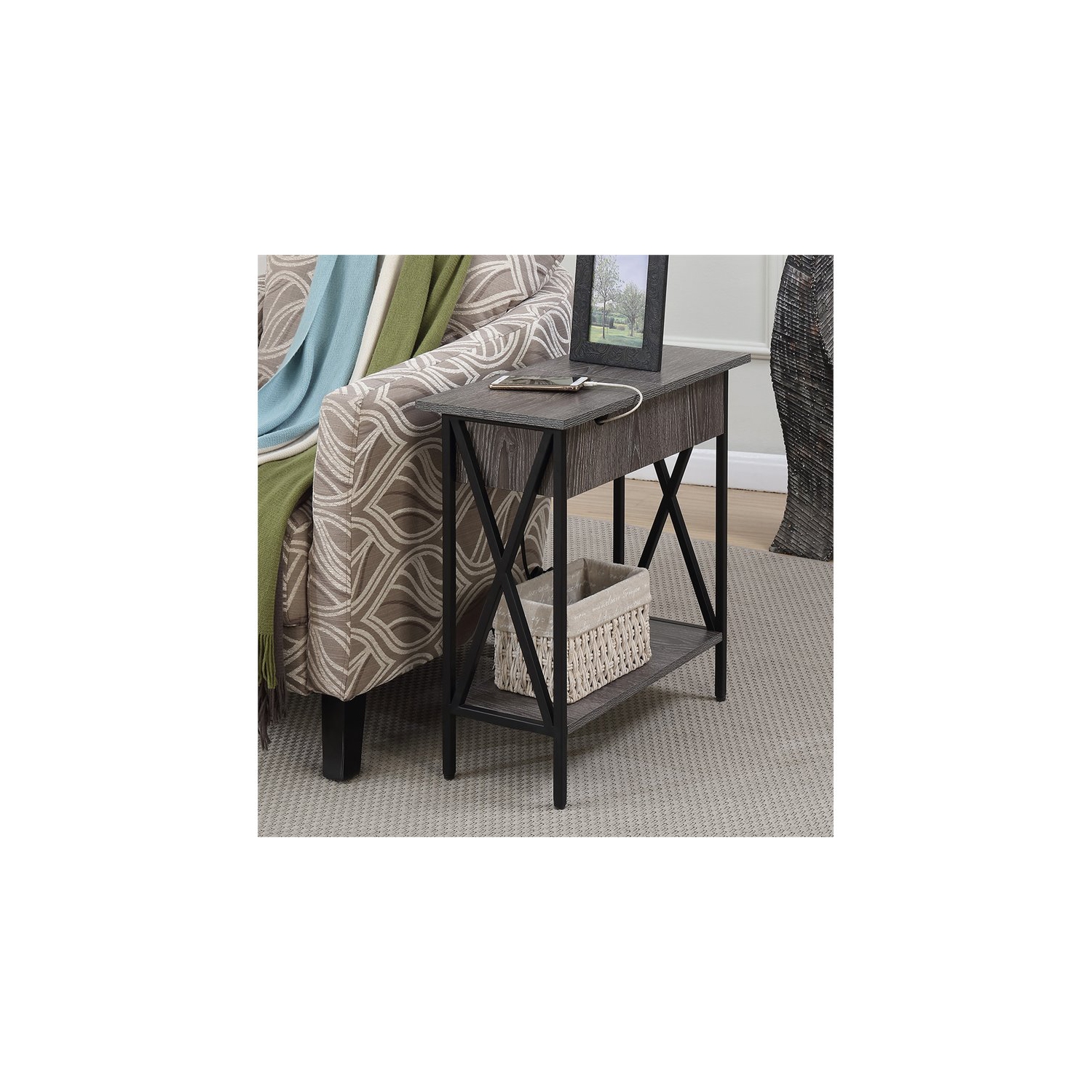 Pemberly Row Electric Flip-Top End Table in Weathered Gray Wood