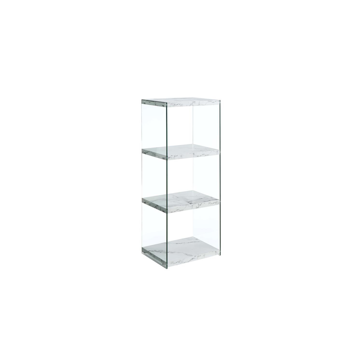 Pemberly Row Four-Tier Bookcase in White Fuax Marble Wood and Clear Glass